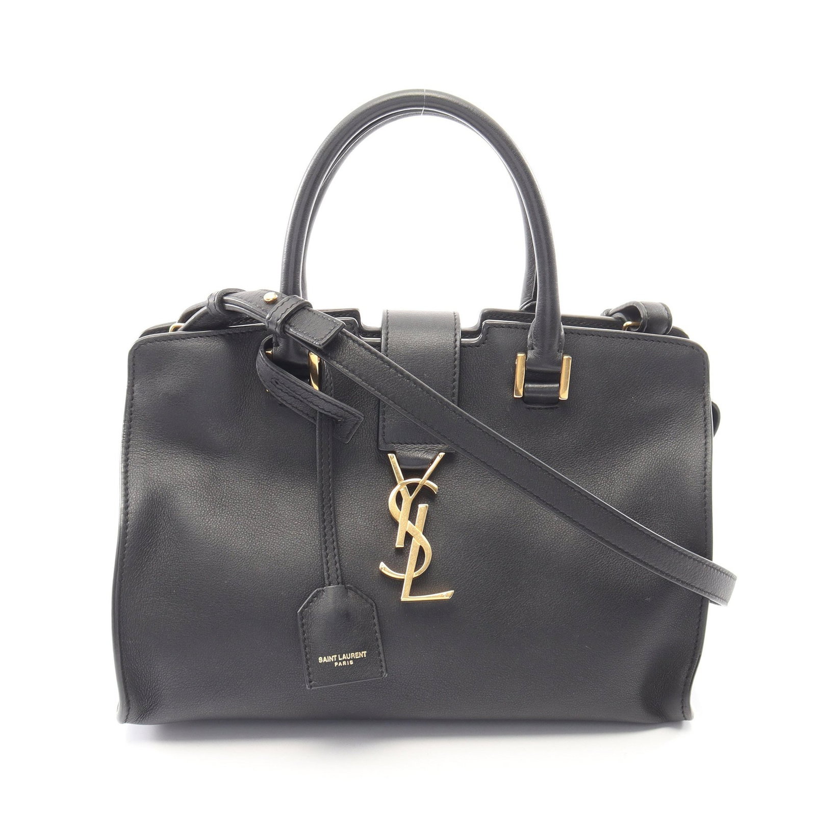 Saint Laurent Baby Cabas Black: Authentic and authenticated Saint Laurent Paris Baby cabas YSL line handbag in black leather. Model 424868. Approx. 18H x 26W x 11D cm with 31 cm handle and 110-115 cm strap. Includes shoulder strap