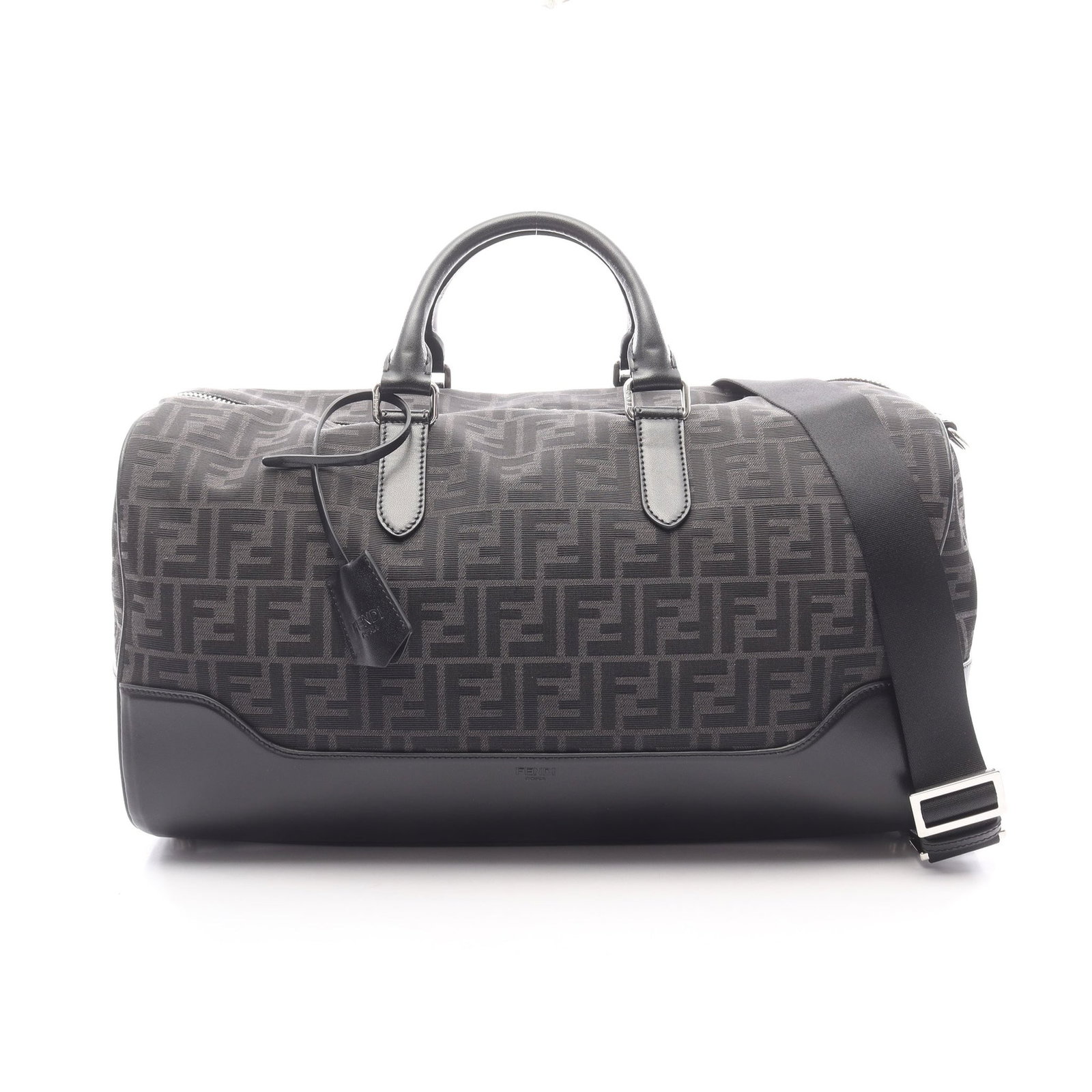 Fendi FF Jacquard 2WAY Duffel: Authentic and authenticated Fendi FF jacquard 2WAY duffel Boston bag in dark gray and black canvas leather. Model 7VA496AG0M. Approx. 26H x 44/45W x 18D cm. Includes strap, padlock, 2 keys, and