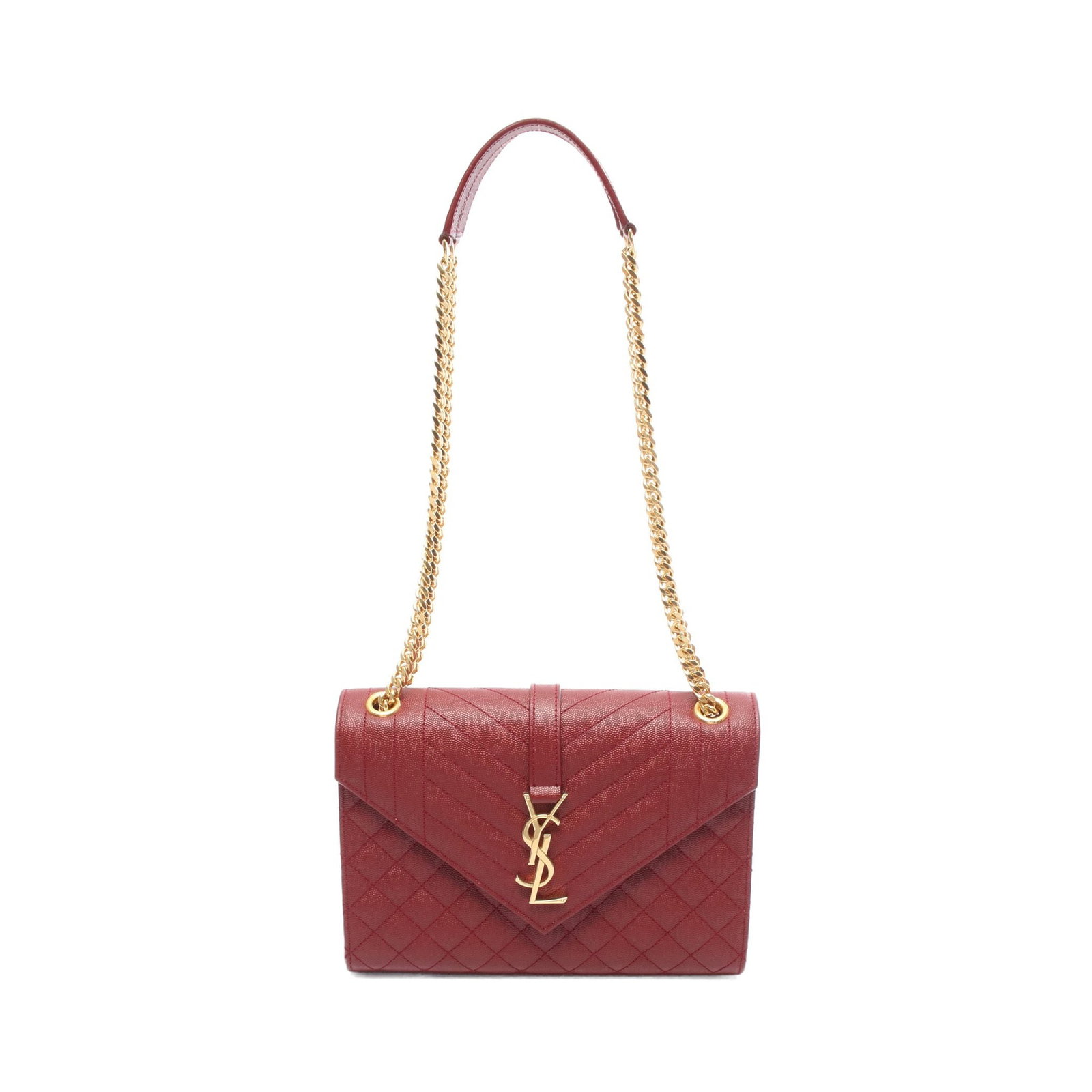 Saint Laurent Envelope Medium Red: Authentic and authenticated Saint Laurent Paris Envelope Medium chain shoulder bag in red leather. Model 600185. Approx. 17H x 24W x 6D cm with double or single chain wear.