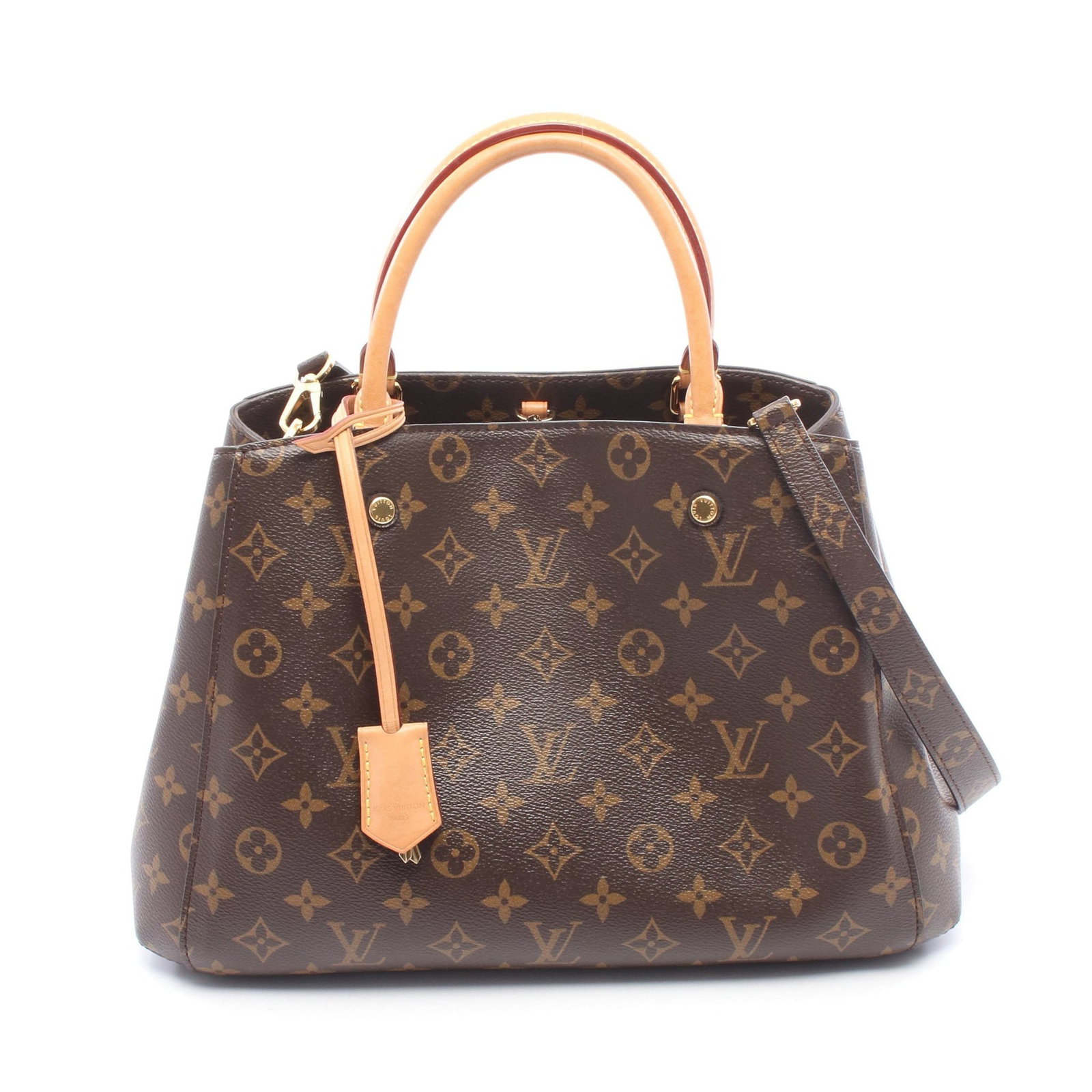 LV Montaigne MM Monogram 2WAY: Authentic and authenticated Louis Vuitton Montaigne MM Monogram 2WAY handbag in brown PVC leather. Model M41056, product no. UB4188. Approx. 23H x 25/35W x 14D cm. Includes strap, padlock, 2 keys,