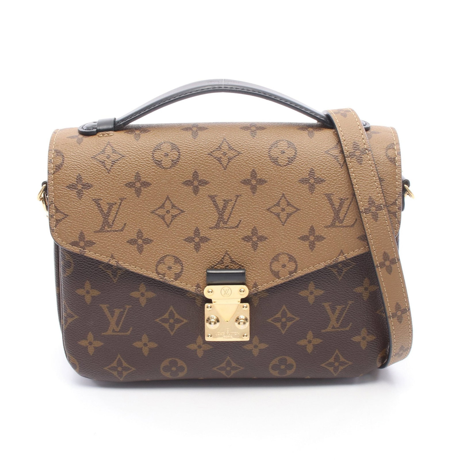 LV Pochette Metis MM Reverse 2WAY: Authentic and authenticated Louis Vuitton Pochette Metis MM Monogram Reverse 2WAY handbag in brown and black PVC leather with RFID. Model M44876. Approx. 18H x 25W x 7.5D cm with 16 cm handle and 108-