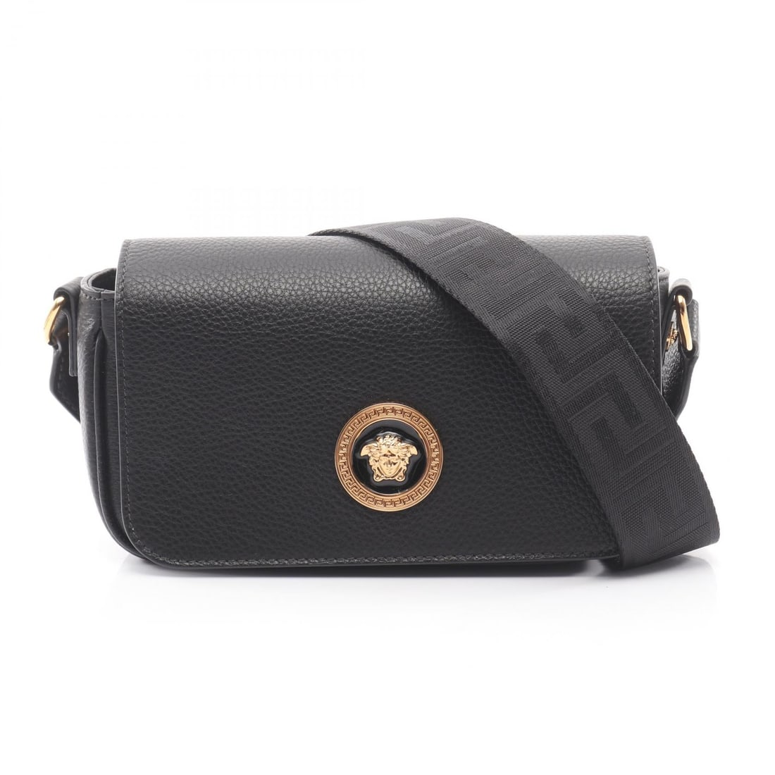 Versace Medusa Leather Shoulder Bag: Authentic and authenticated Versace Medusa shoulder bag in black leather. Approx. 12H x 20/21W x 6D cm with 87-142 cm strap. No accessories listed.