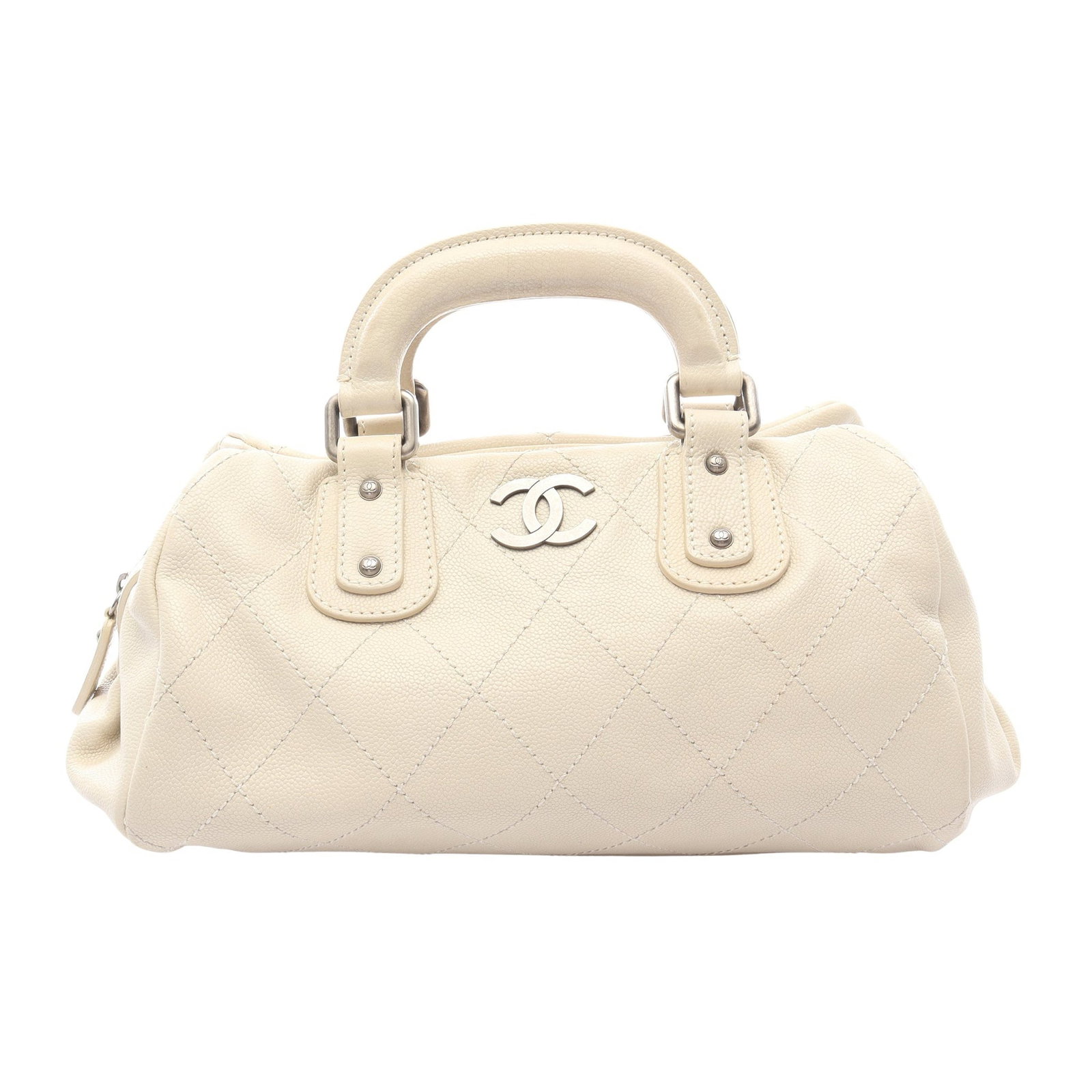 Chanel Wild Stitch Handbag Ivory: Authentic and authenticated Chanel Wild Stitch handbag in ivory caviar skin with silver hardware. Approx. 16H x 25/31W x 20D cm with 27 cm handle. Includes serial seal.