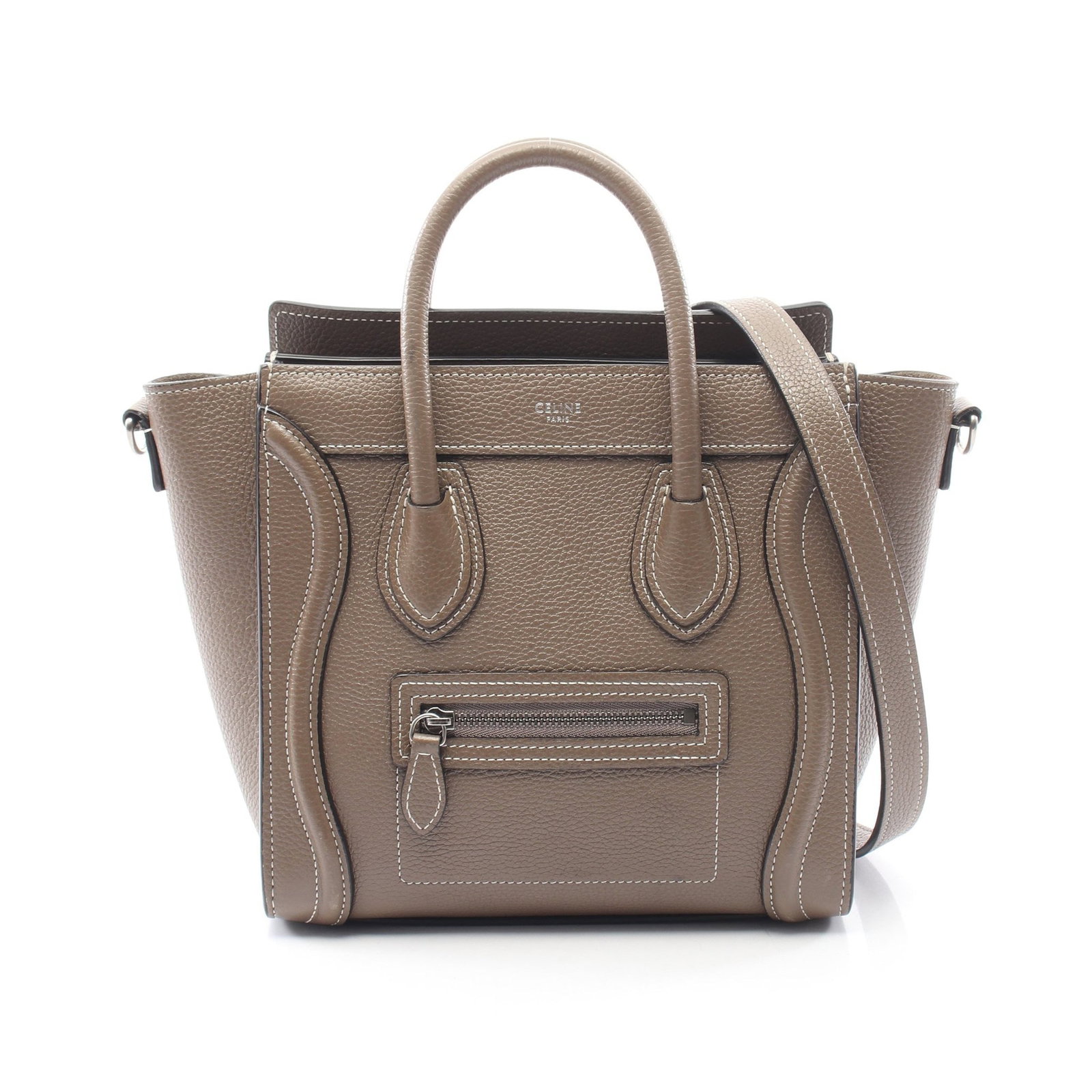 Celine Luggage Nano Shopper Gray Beige: Authentic and authenticated Celine Luggage Nano Shopper 2WAY handbag in gray beige leather. Model 189243. Approx. 20H x 28/20W x 9D cm with 29 cm handle and 121 cm strap.