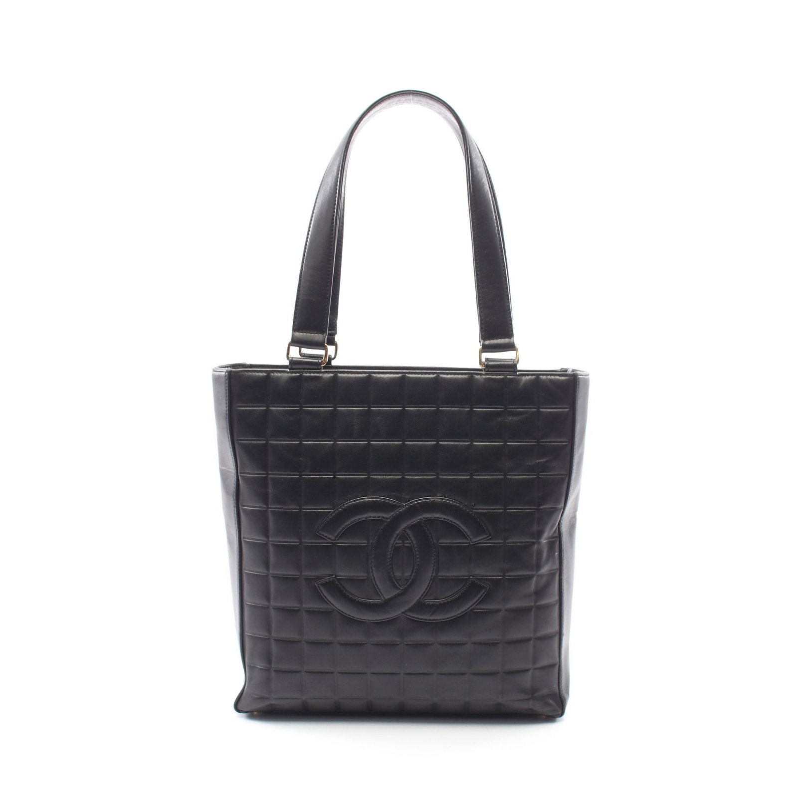 Chanel Chocolate Bar Tote Black: Authentic and authenticated Chanel Chocolate Bar tote handbag in black lambskin with gold hardware. Approx. 30H x 28W x 7D cm with 52 cm handle. Includes guarantee card, serial seal, and boutique
