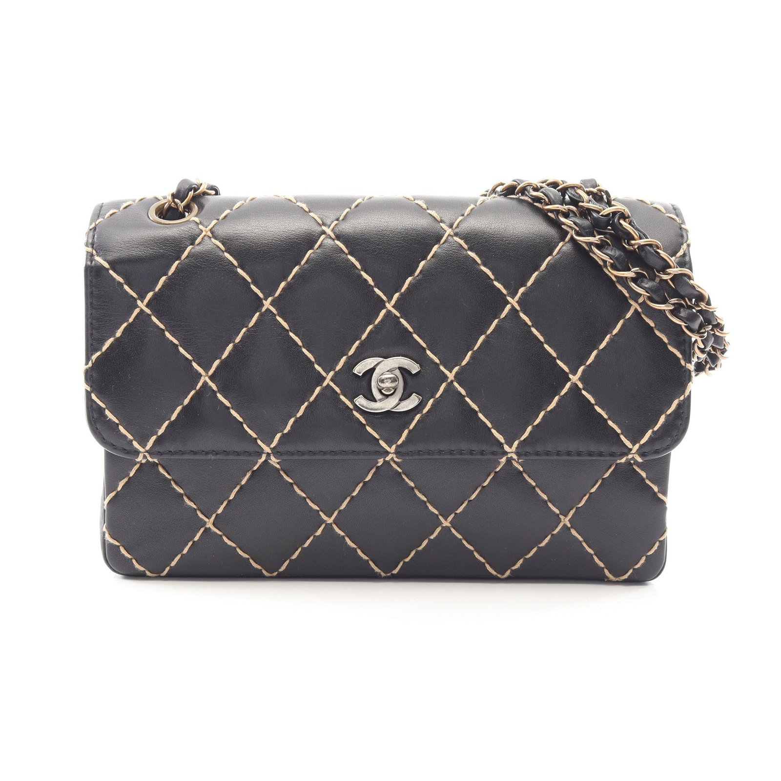 Chanel Wild Stitch W Chain Black: Authentic and authenticated Chanel Wild Stitch W chain shoulder bag in black leather with gold hardware. Model A14687. Approx. 17.5H x 25W x 6D cm with double or single chain wear. Includes guarantee