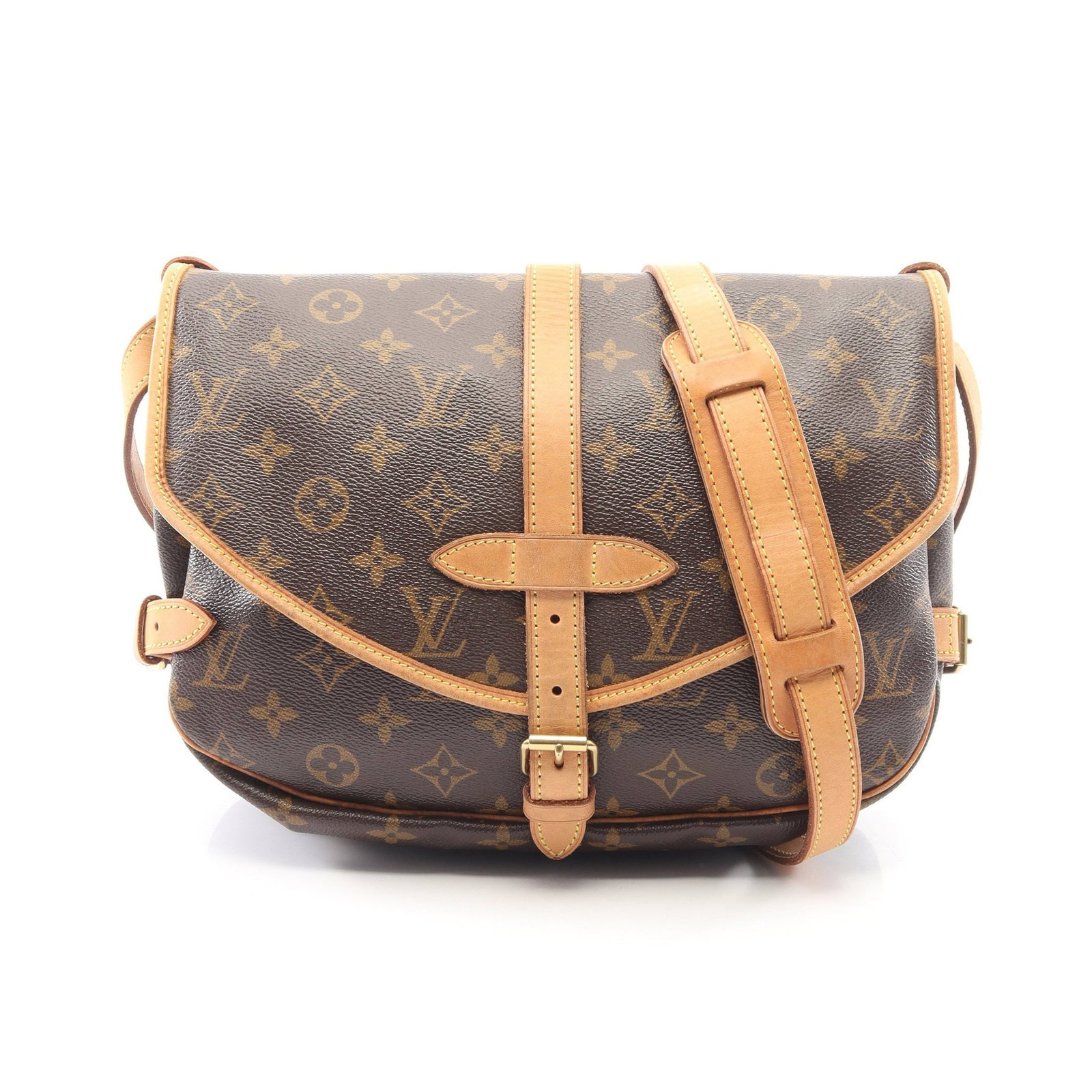 LV Saumur 30 Monogram Shoulder Bag: Authentic and authenticated Louis Vuitton Saumur 30 Monogram shoulder bag in brown PVC leather. Model M42256, product no. MB1004. Approx. 22H x 28W x 6/6D cm with 110-128 cm strap.