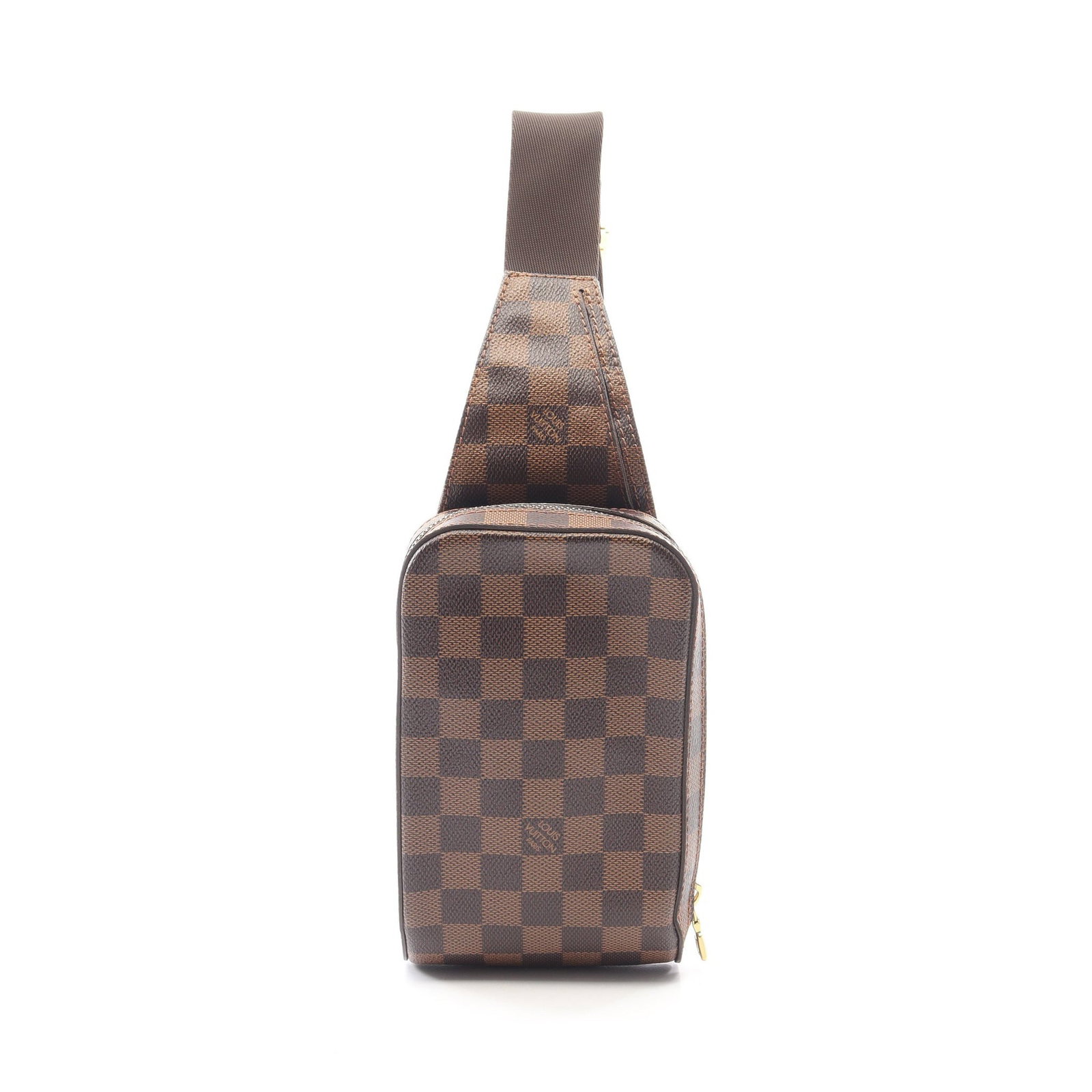 LV Geronimos Damier Body Bag: Authentic and authenticated Louis Vuitton Geronimos Damier Ebene body bag in brown PVC. Model N51994, product no. CA0180. Approx. 19H x 11.5W x 5D cm with maximum 100 cm strap. No accessories listed.
