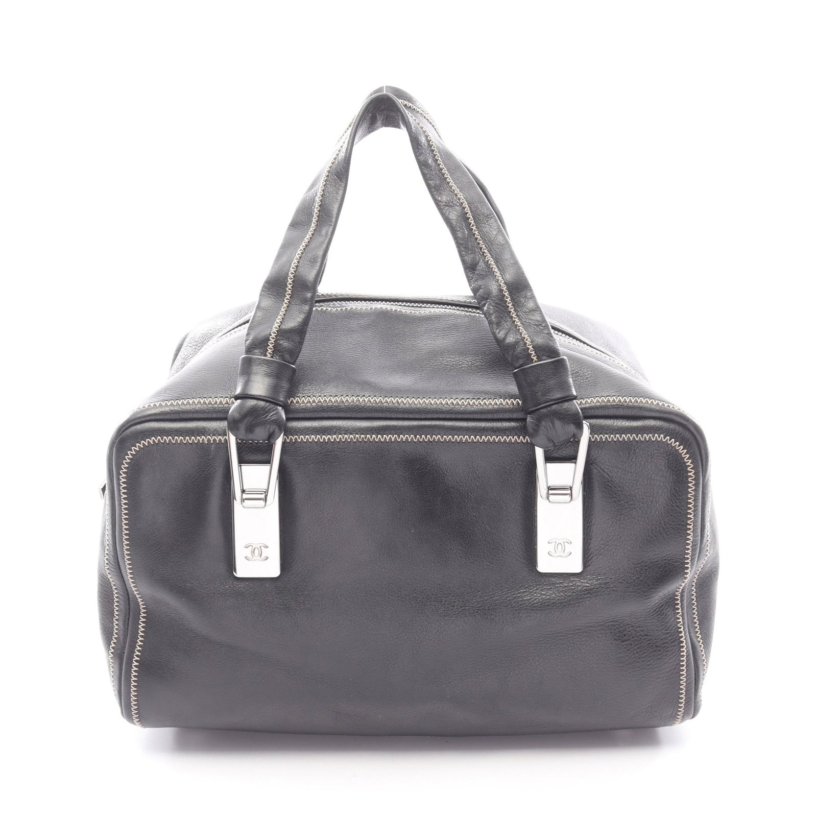 Chanel Coco Mark Mini Boston Black: Authentic and authenticated Chanel Coco Mark mini Boston handbag in black lambskin with silver hardware. Approx. 16H x 28W x 20D cm with 45 cm handle. Includes serial seal.