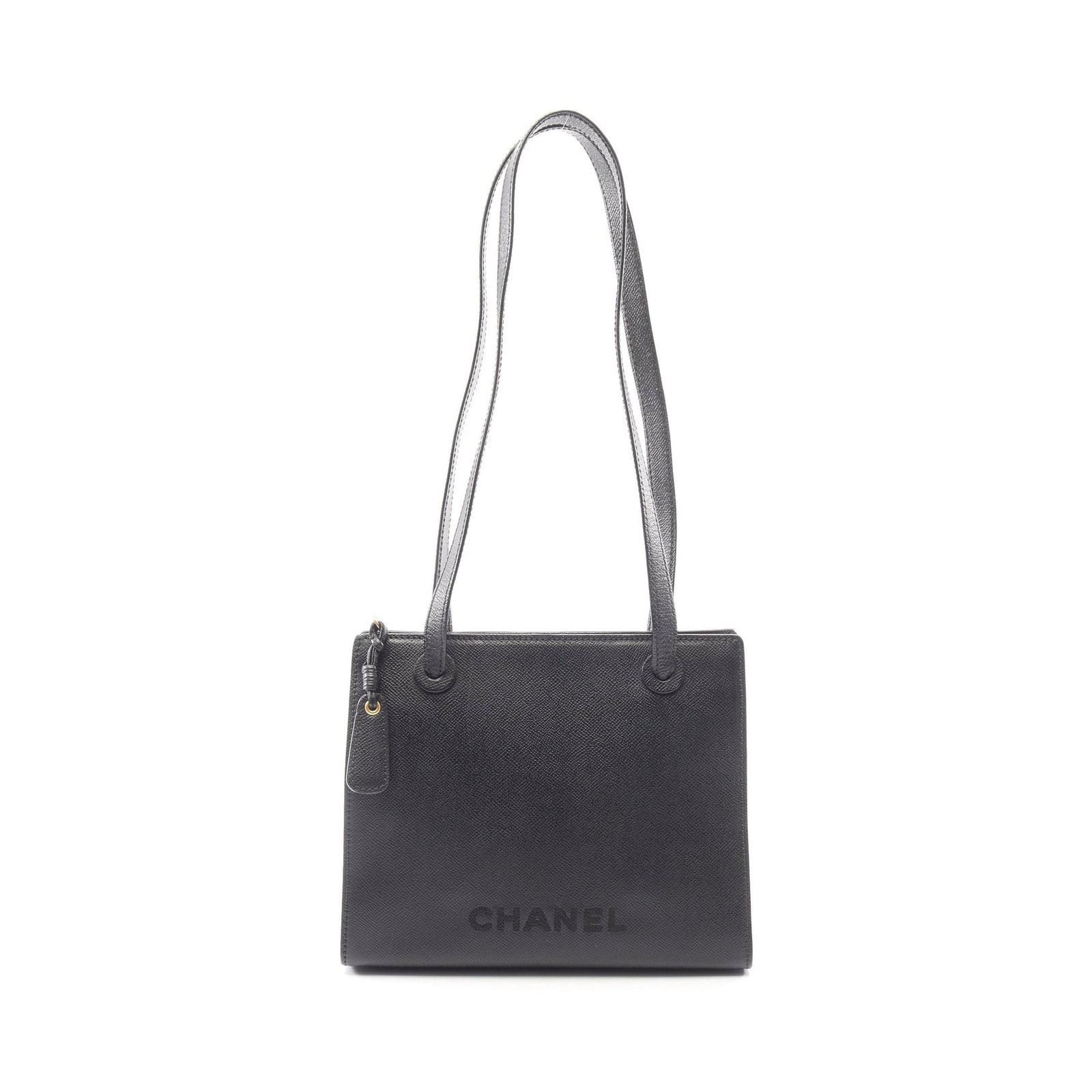 Chanel Logo Caviar Shoulder Tote: Authentic and authenticated Chanel logo shoulder tote bag in black caviar skin with gold hardware. Approx. 21H x 25/26W x 10D cm with 73 cm strap. Includes guarantee card and serial seal.