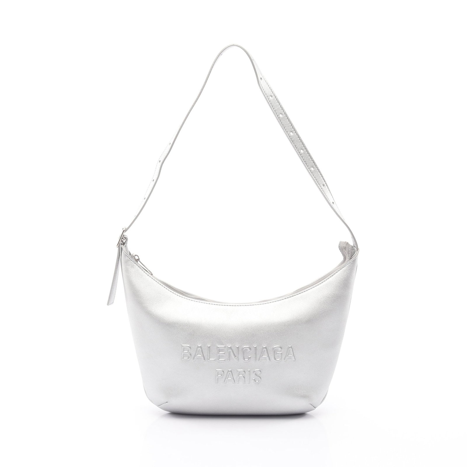 Balenciaga Mary Kate Sling Silver: Authentic and authenticated Balenciaga Mary Kate Sling one shoulder bag in silver leather. Model 7717332AAKE. Approx. 14.5H x 30/20.5W x 5D cm with max 57 cm strap. No accessories listed.