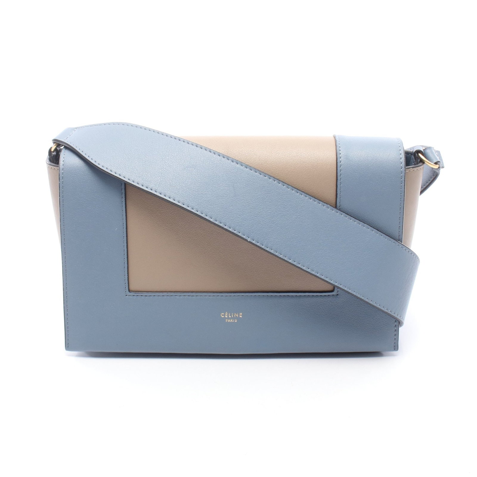 Celine Frame Medium Shoulder Bag: Authentic and authenticated Celine Frame Medium shoulder bag in gray beige/blue gray leather. Model 180263. Approx. 16H x 28/25W x 9D cm with 83 cm strap and 37 cm max drop.