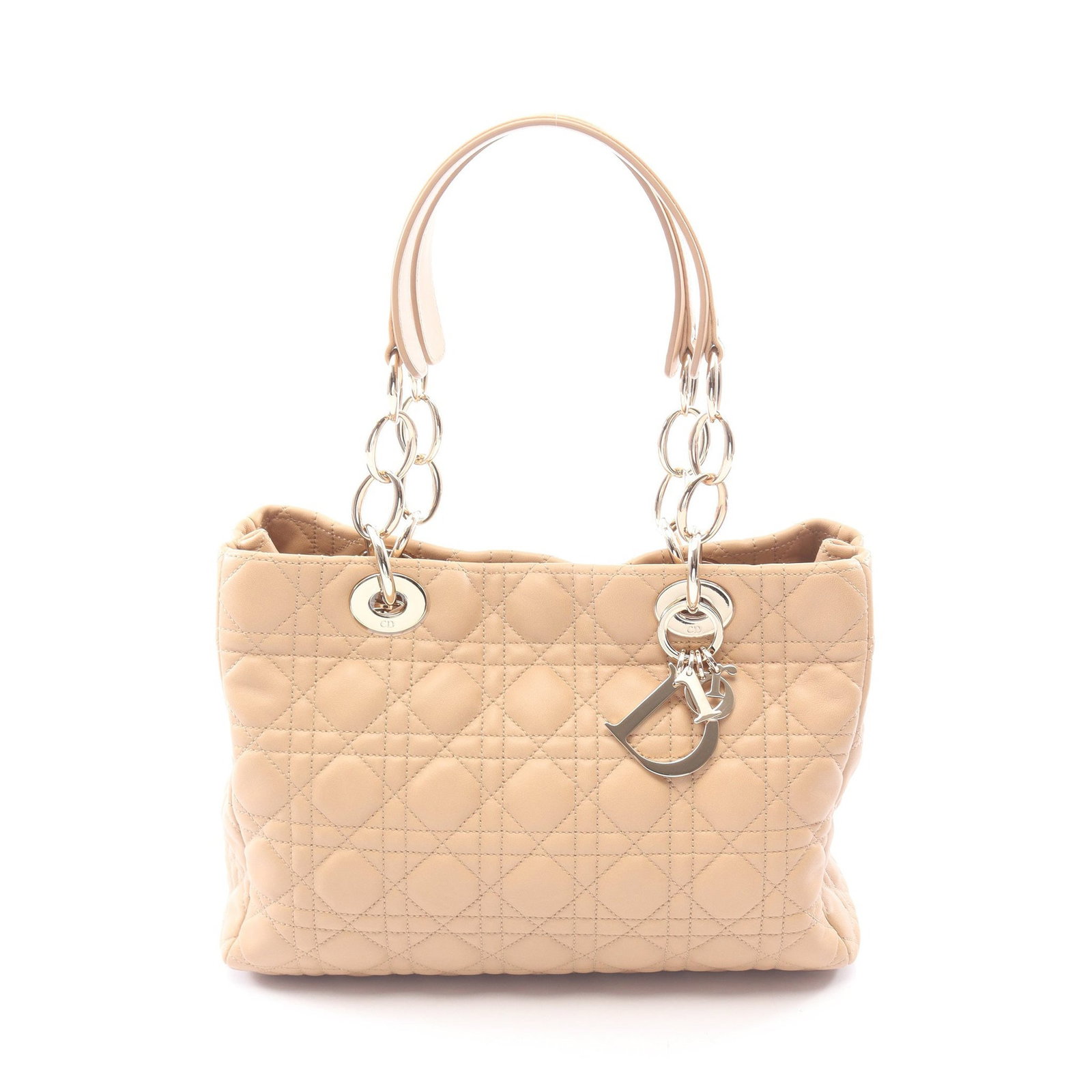 Dior Lady Dior Canage Handbag Beige: Authentic and authenticated Christian Dior Lady Dior Canage handbag in beige leather. Approx. 23H x 28W x 11D cm with 44 cm handle.