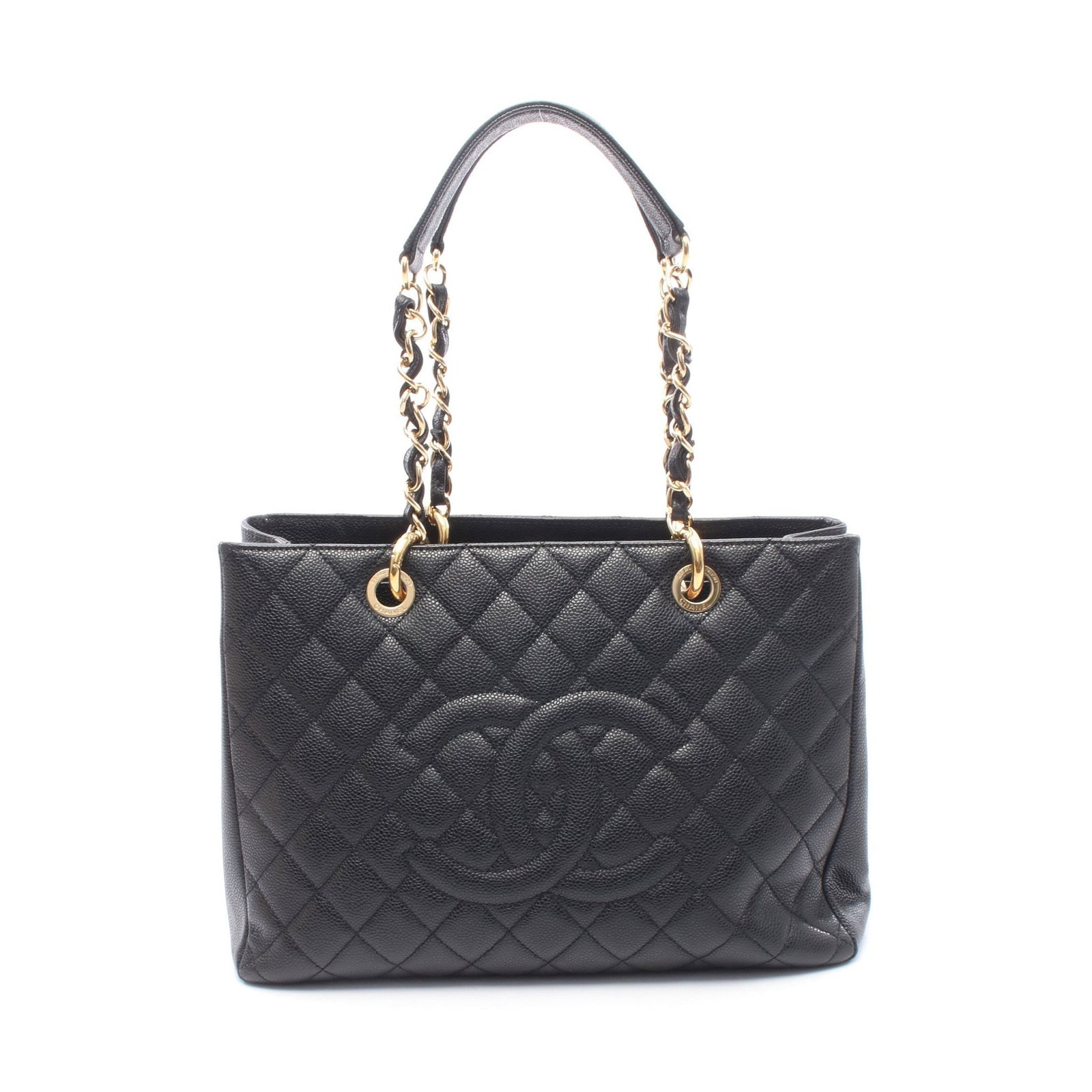 Chanel GST Chain Tote Black: Authentic and authenticated Chanel Matelasse Grand Shopping GST chain shoulder tote bag in black caviar skin with gold hardware. Model A50995. Approx. 24.5H x 33/34W x 13D cm with 54 cm strap.
