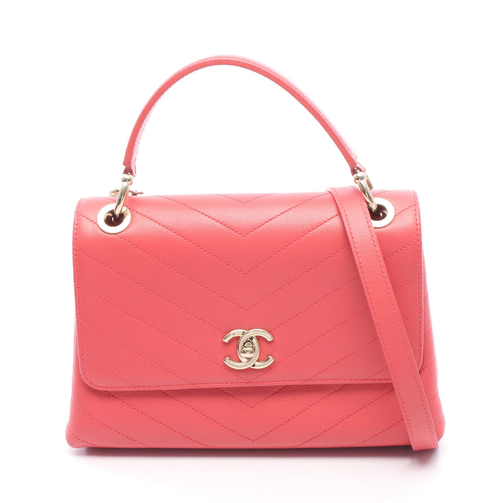 Chanel Chevron V-Stitch 2WAY Pink: Authentic and authenticated Chanel Chevron V-stitch 2WAY handbag in pink leather with gold hardware. Model A57147. Approx. 18H x 22/24W x 8.5D cm with 26 cm handle and 94-100 cm strap. Includes