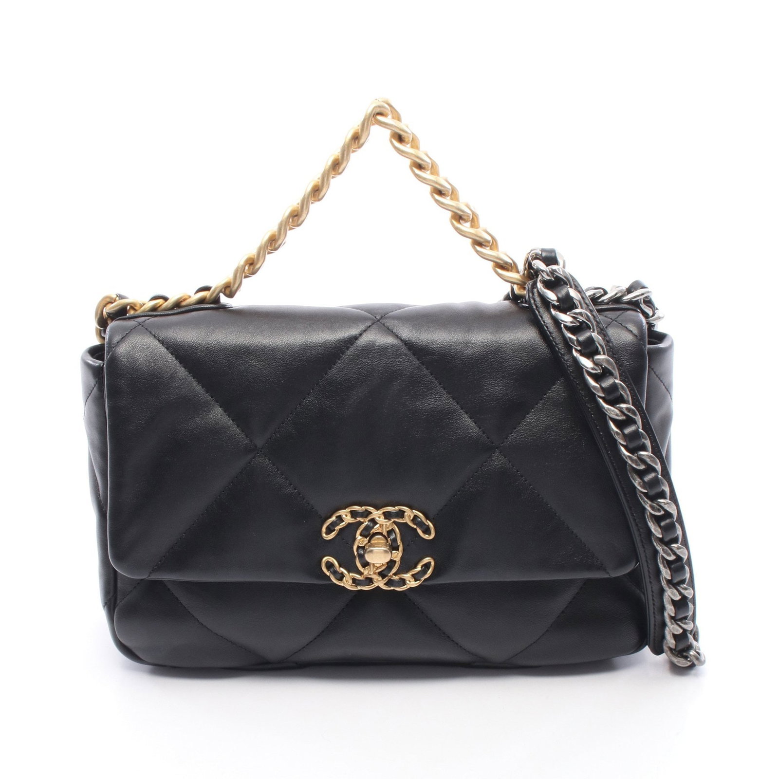 Chanel 19 2WAY Chain Bag Black: Authentic and authenticated Chanel 19 Dizeneuf Matelasse 2WAY chain shoulder bag in black leather with gold hardware. Model AS1160. Approx. 17H x 25W x 8D cm with 22 cm handle and 107 cm strap.