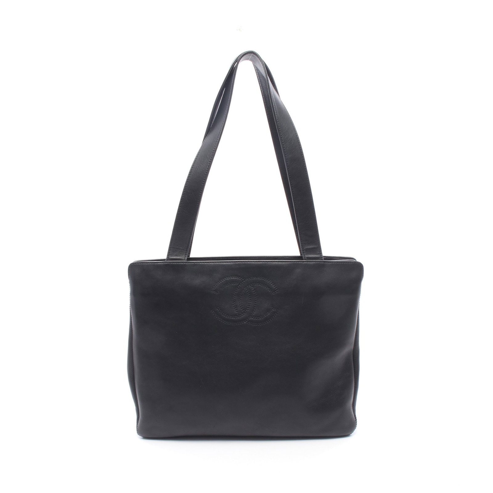 Chanel Coco Mark Lambskin Tote: Authentic and authenticated Chanel Coco Mark shoulder tote bag in black lambskin with black hardware. Approx. 29H x 36.5/36W x 1.5/1.5D cm with 68 cm strap and 31 cm max drop. Includes serial seal.