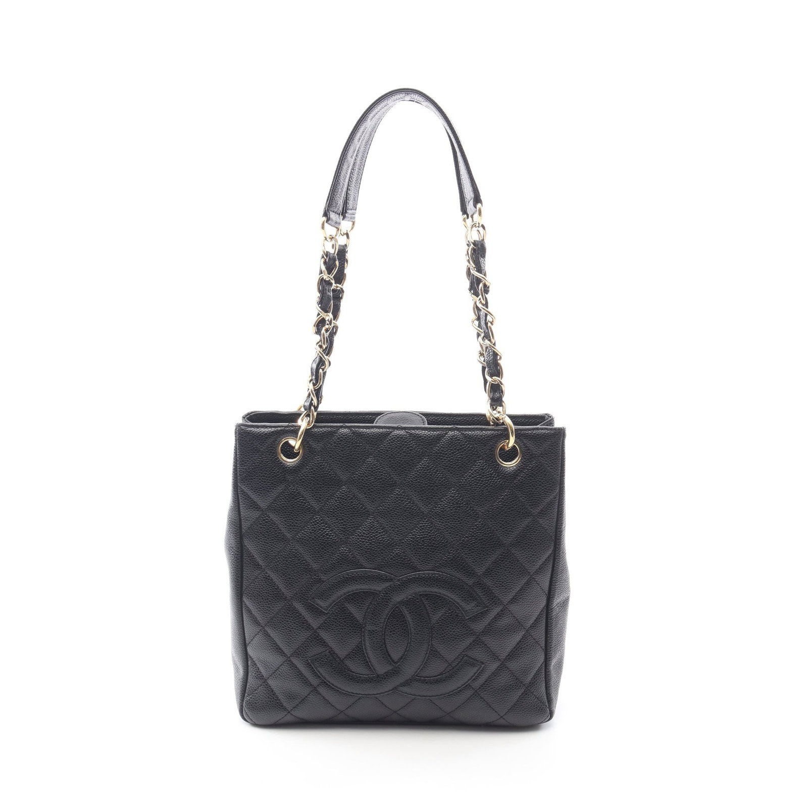 Chanel PST Chain Tote: Black caviar skin chain tote bag.
