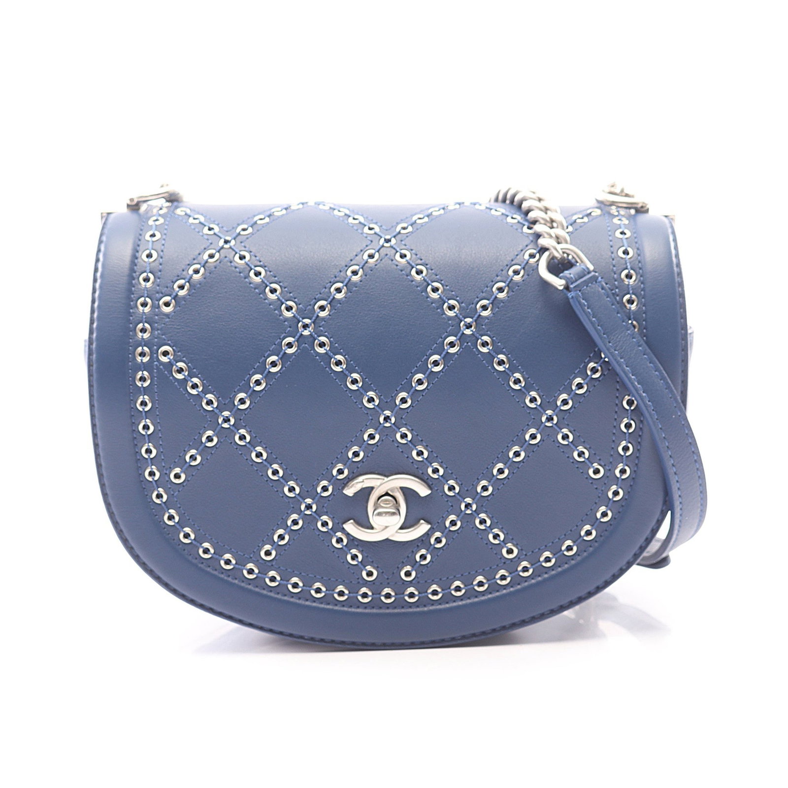 Chanel Coco Eyelet Round Mini Blue: Authentic and authenticated Chanel Matelasse Coco Eyelet Round Mini chain shoulder bag in blue leather with silver hardware. Model A69993. Approx. 14H x 19.5W x 3/5D cm with 106-121 cm strap.