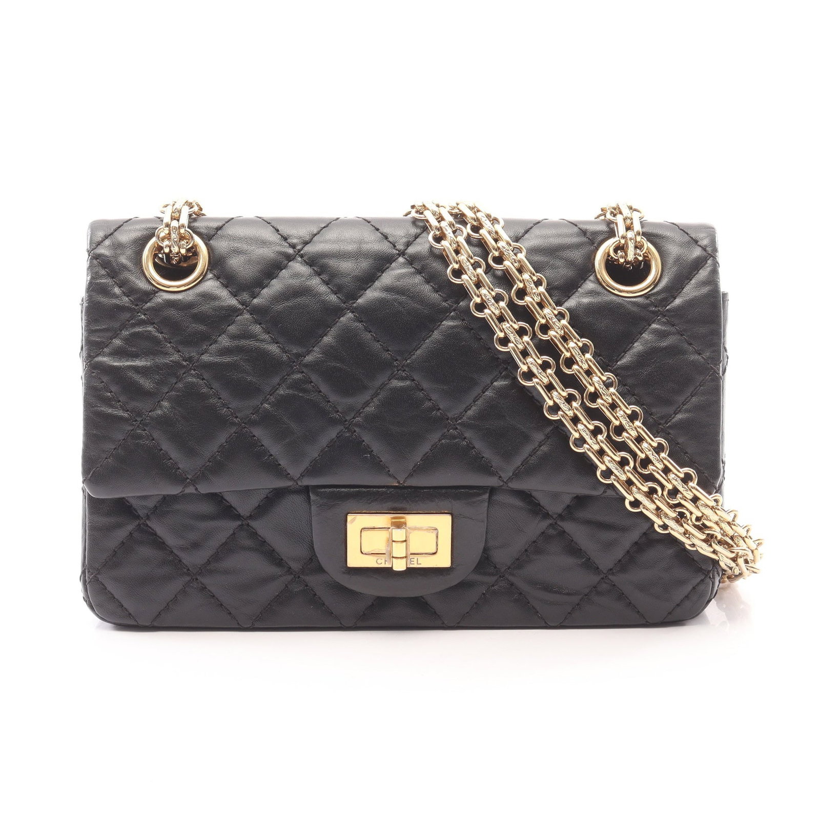 Chanel 2.55 Mini Black: Black leather 2.55 mini double chain shoulder bag with gold-tone hardware.