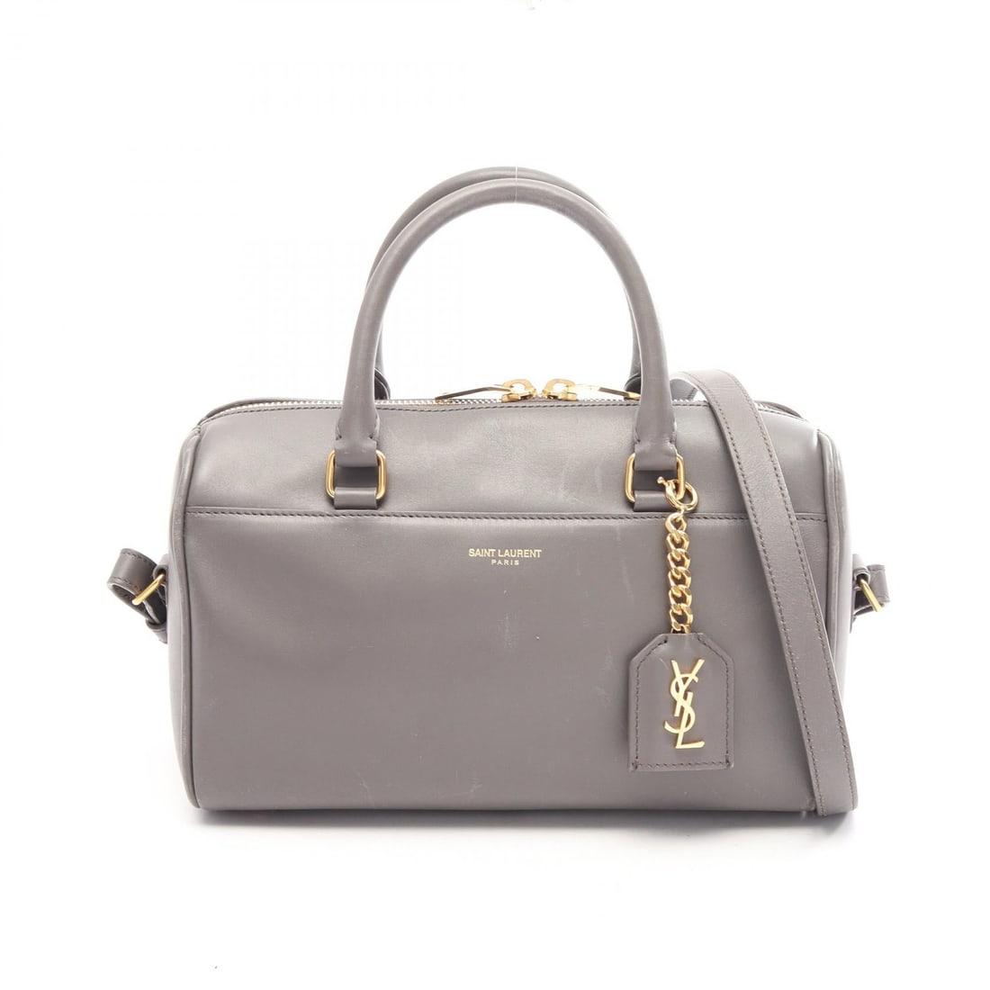 Saint Laurent Baby Duffle 2WAY Gray: Authentic and authenticated Saint Laurent Paris Baby Duffle 2WAY handbag in gray leather. Model 400422. Approx. 14H x 22.5/23.5W x 11D cm with 30 cm handle and 124-129 cm strap. Includes key ring