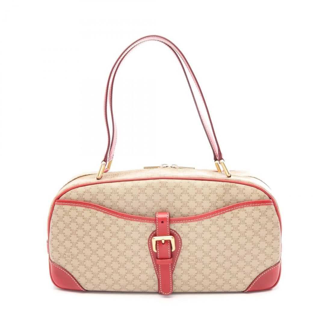 Celine Macadam Handbag Beige Red: Authentic and authenticated Celine Macadam handbag in beige/red PVC and leather. Approx. 16H x 30/33W x 12D cm with 49 cm handle and 21 cm max drop. No accessories listed.