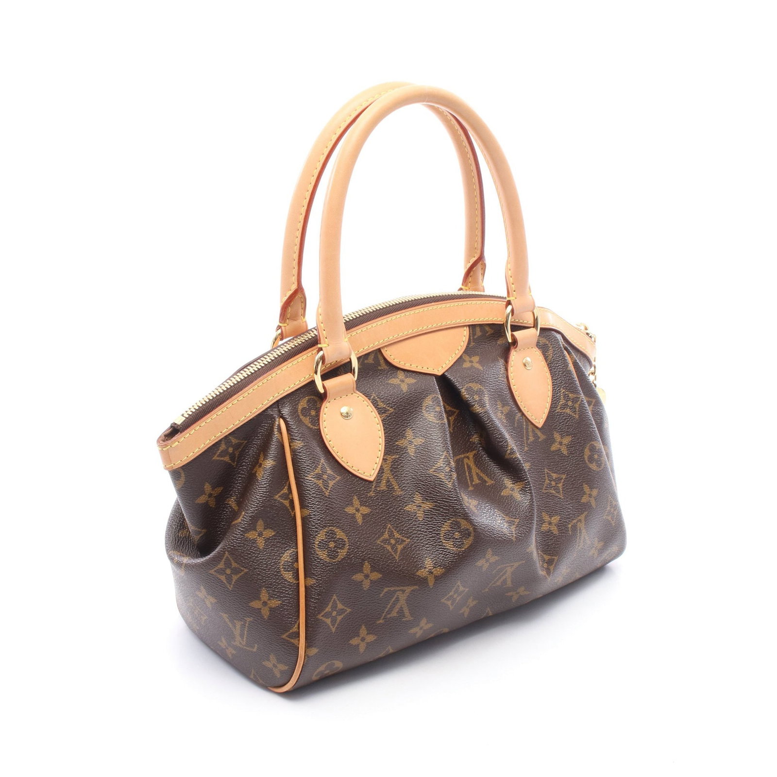 LV Tivoli PM Monogram Handbag: Monogram handbag in brown PVC and leather. Size 36 x 22 x 14 cm. Handle 41 cm.