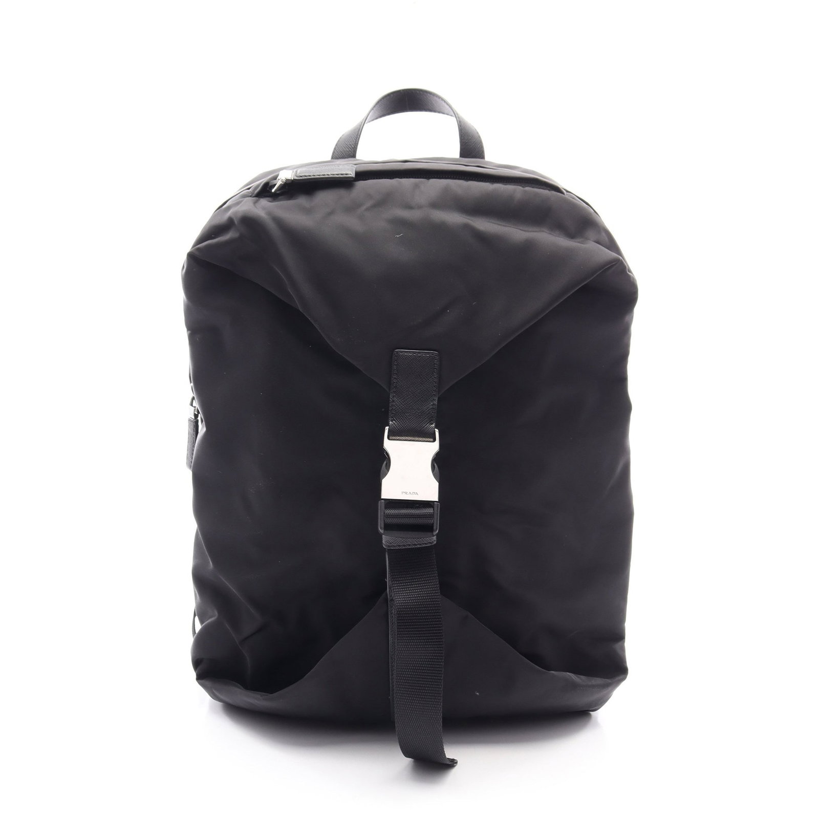 Prada Tessuto Backpack Black: Tessuto backpack 2VZ028 in black nylon and saffiano leather. Includes guarantee card. Size 29 x 41 x 8.5 cm.