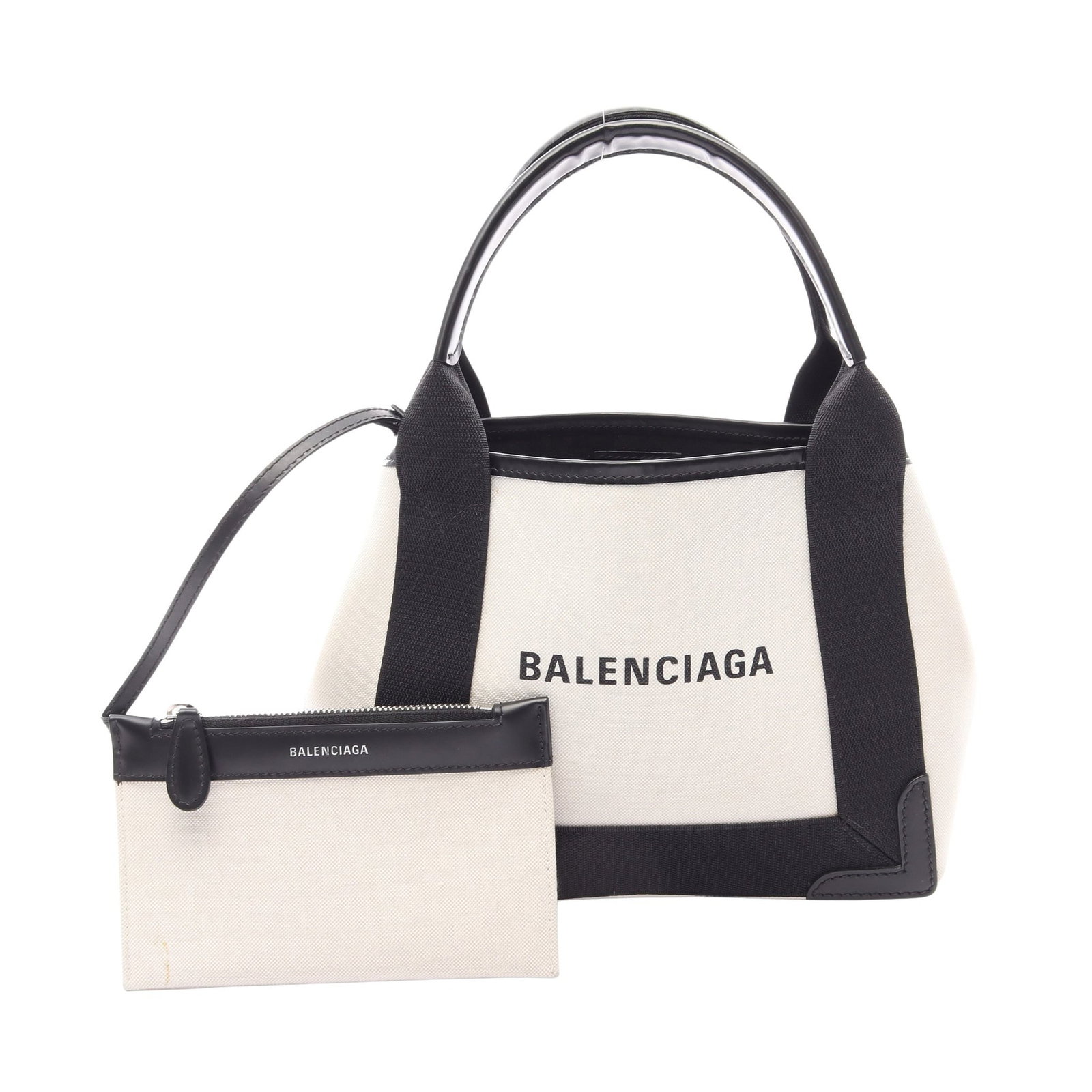 Balenciaga Navy Cabas XS Ivory Black: Navy Cabas XS handbag in ivory and black canvas and leather. Includes pouch. Size 25 x 20 x 7 cm.