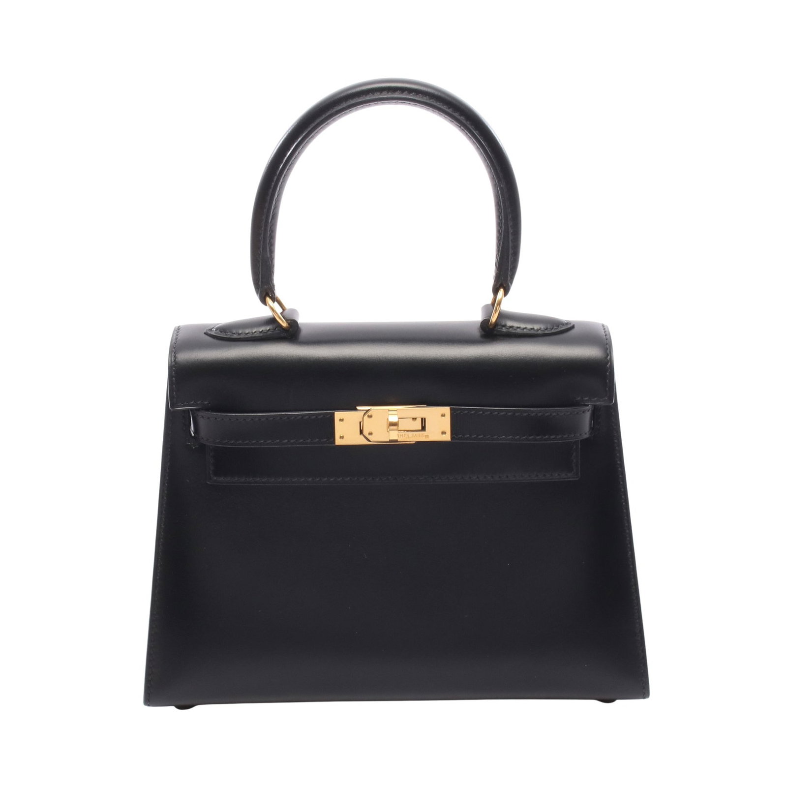 Hermes Mini Kelly Black: Black box calf outside sewing 2-way mini handbag with gold-tone hardware.
