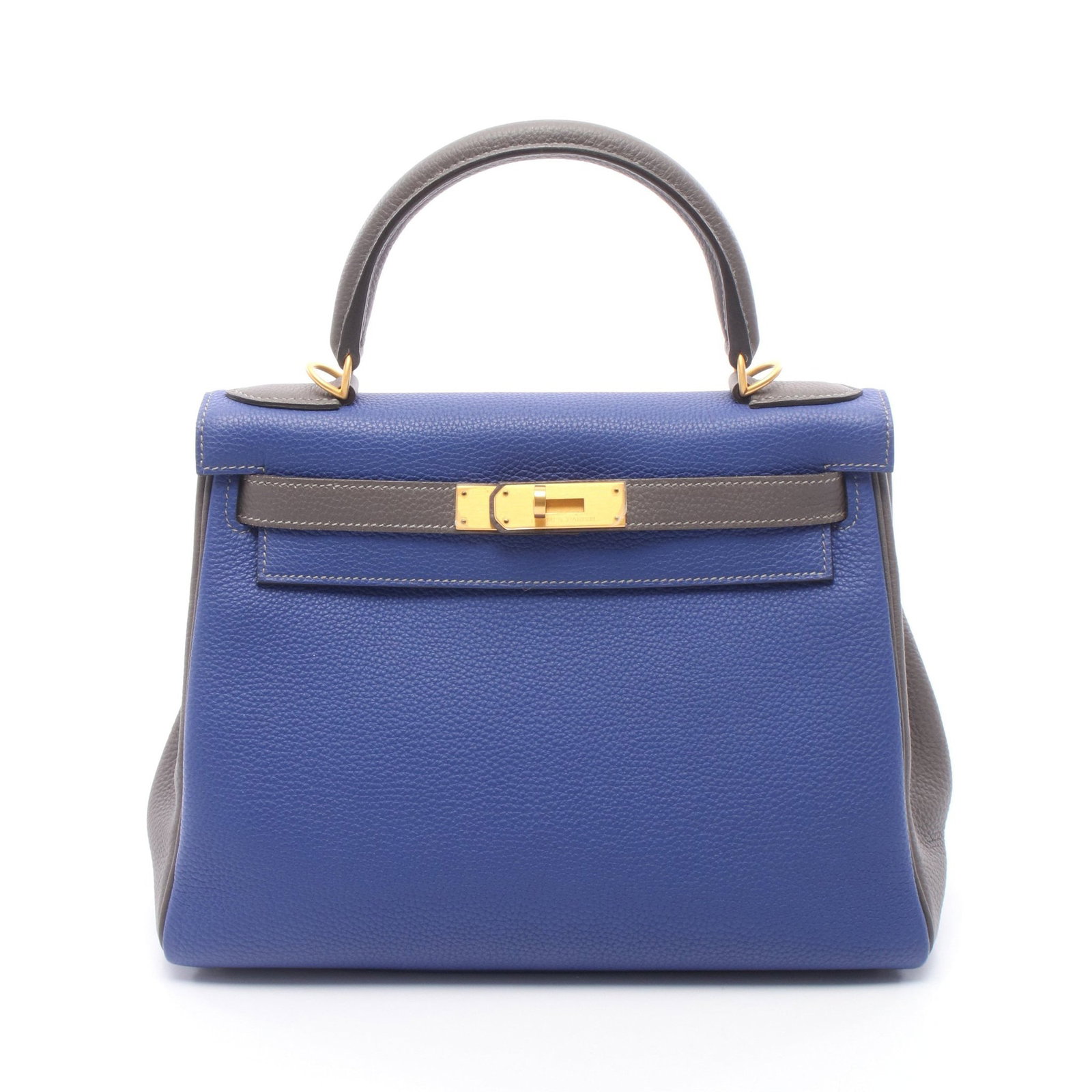 Hermes Kelly 28 Blue Electric PO: Blue gray Togo personal order 2-way handbag with gold-tone hardware.