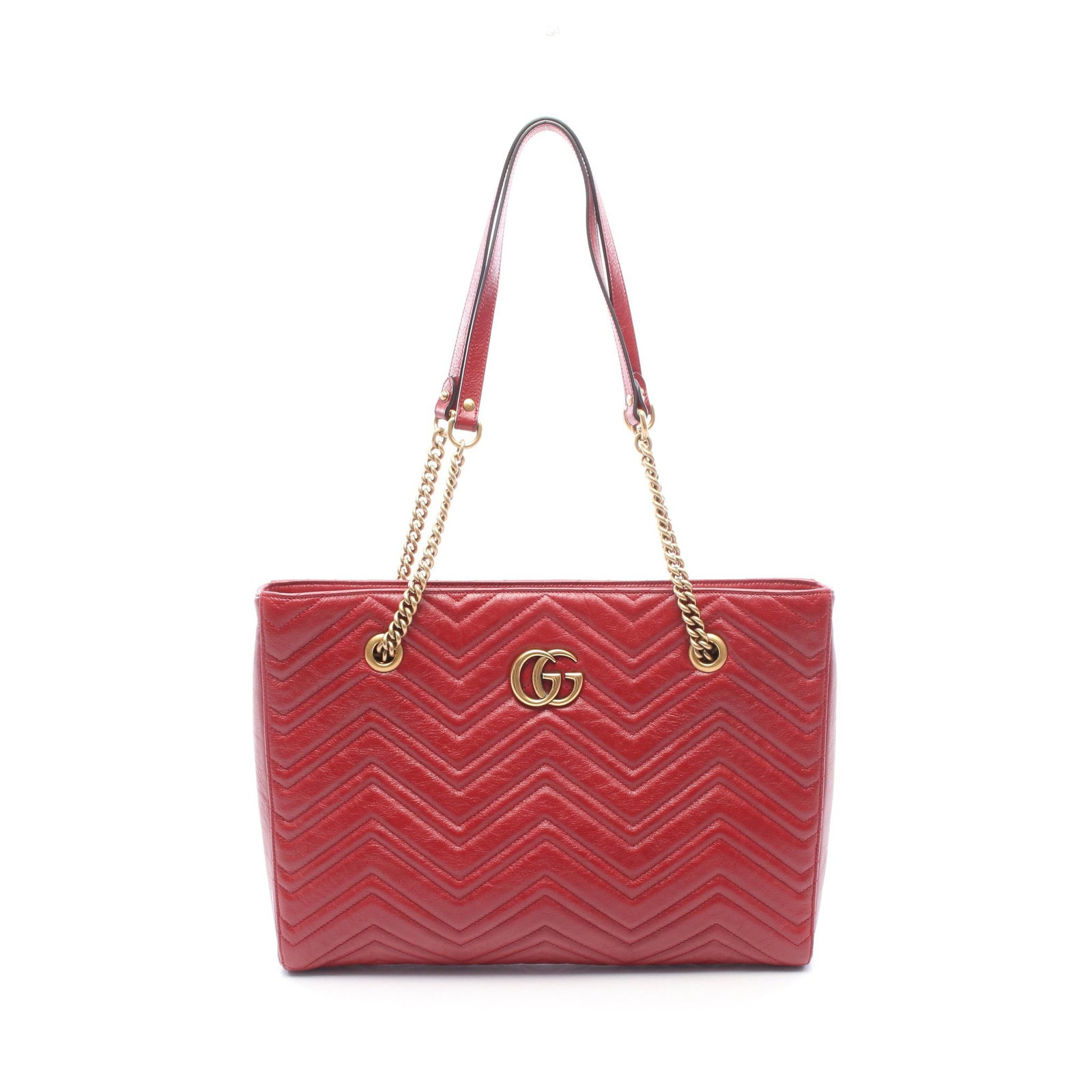 Gucci GG Marmont Chain Tote Red: GG Marmont chain shoulder tote in red leather. Size 38 x 29 x 5.5 cm.