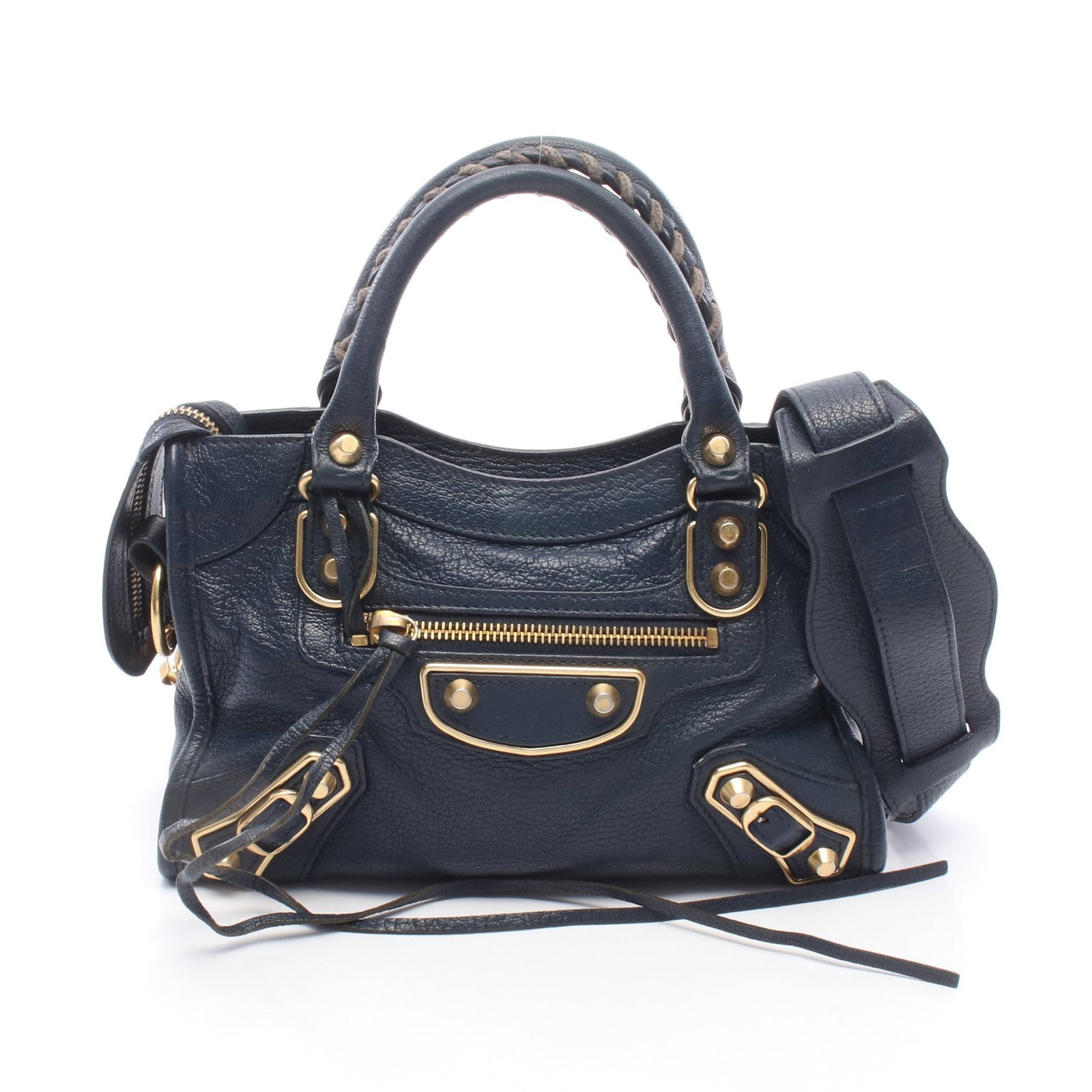 Balenciaga Mini City Navy: Classic Metallic Edge Mini City 2 way handbag in navy leather. Includes shoulder strap. Size 24 x 16 x 8 cm.