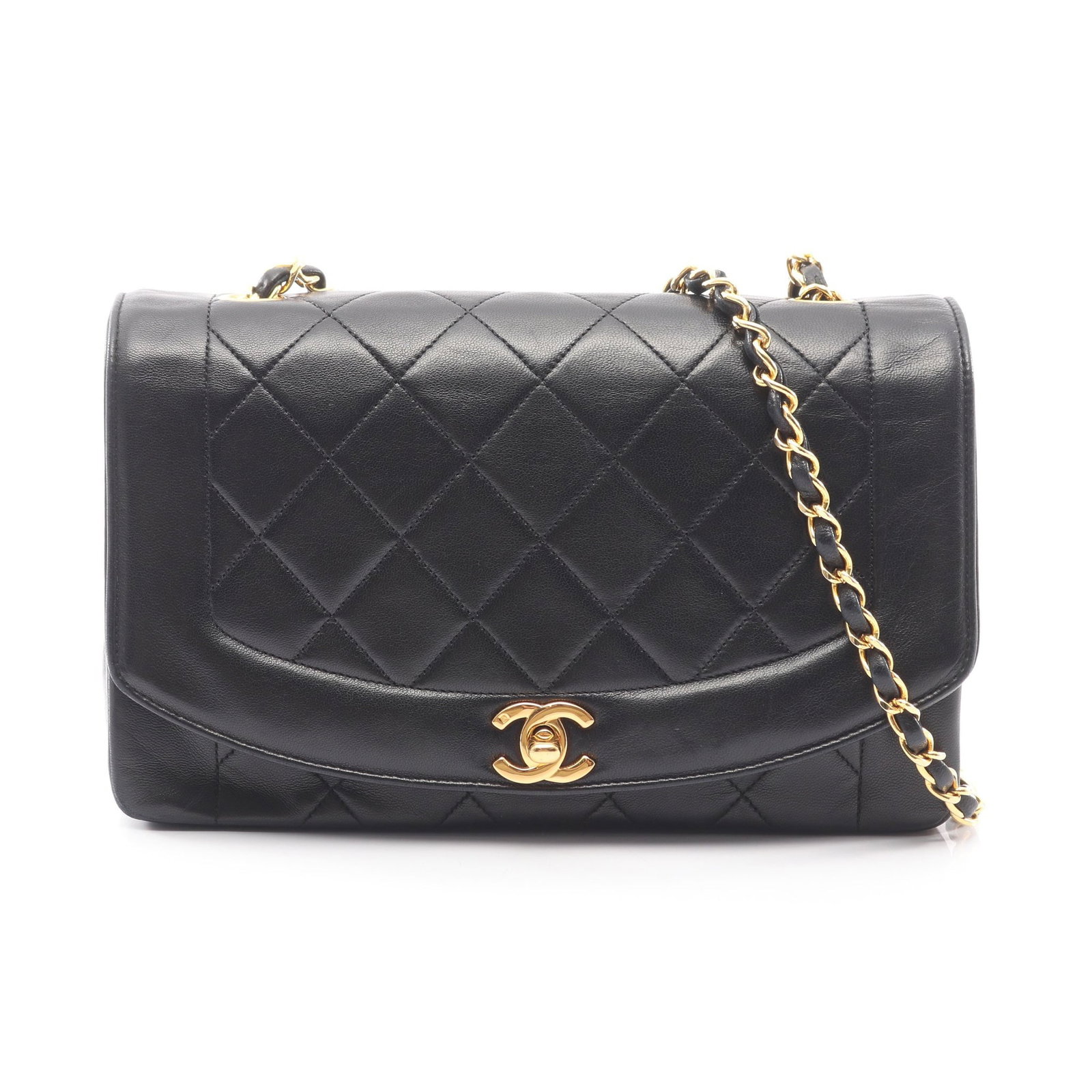 Chanel Diana Flap Black: Black lambskin Diana flap chain shoulder bag with gold-tone hardware.