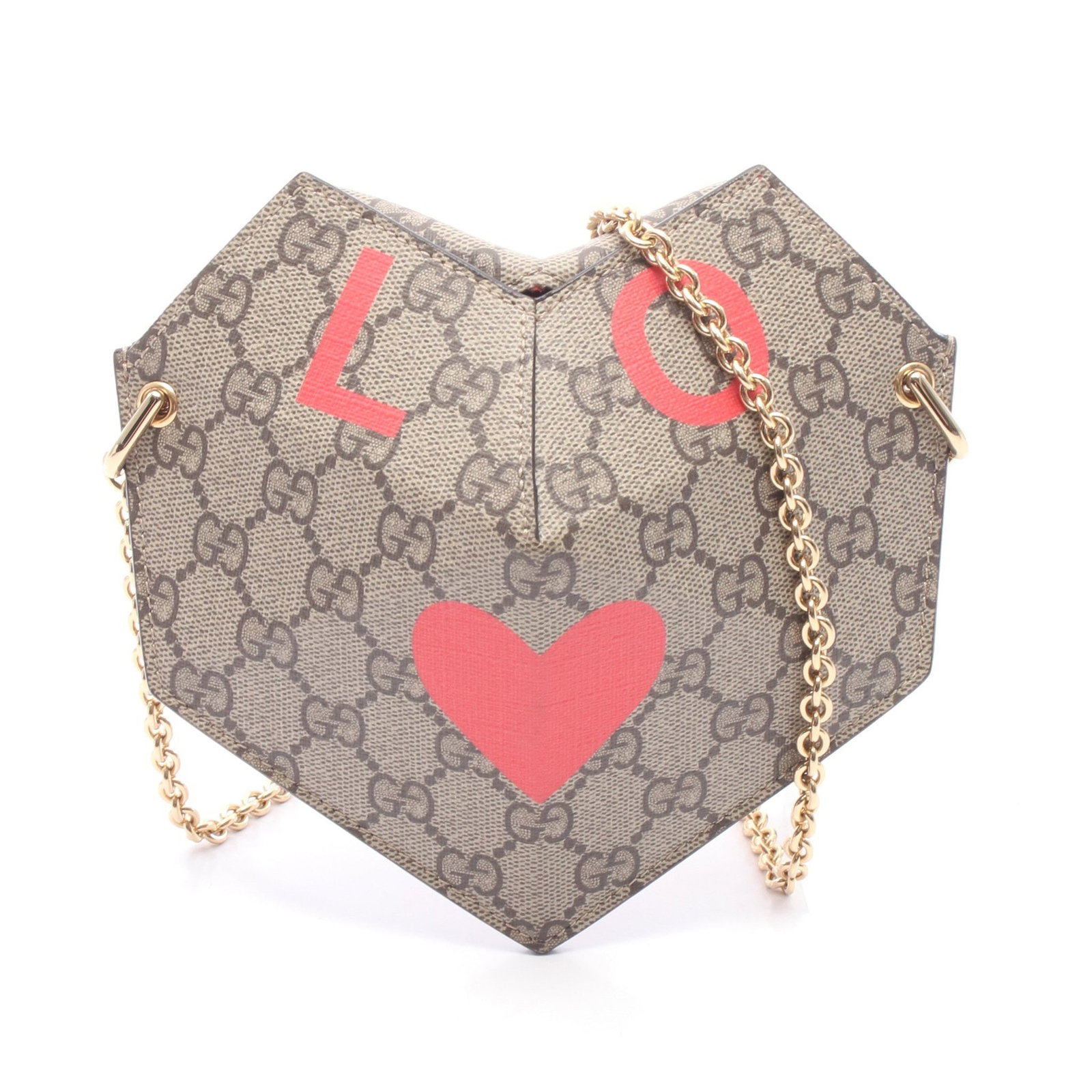Gucci Ophidia Heart Chain Shoulder: Ophidia Small Heart GG Supreme chain shoulder bag in beige, brown, and red PVC. Size 17 x 17 x 10 cm.
