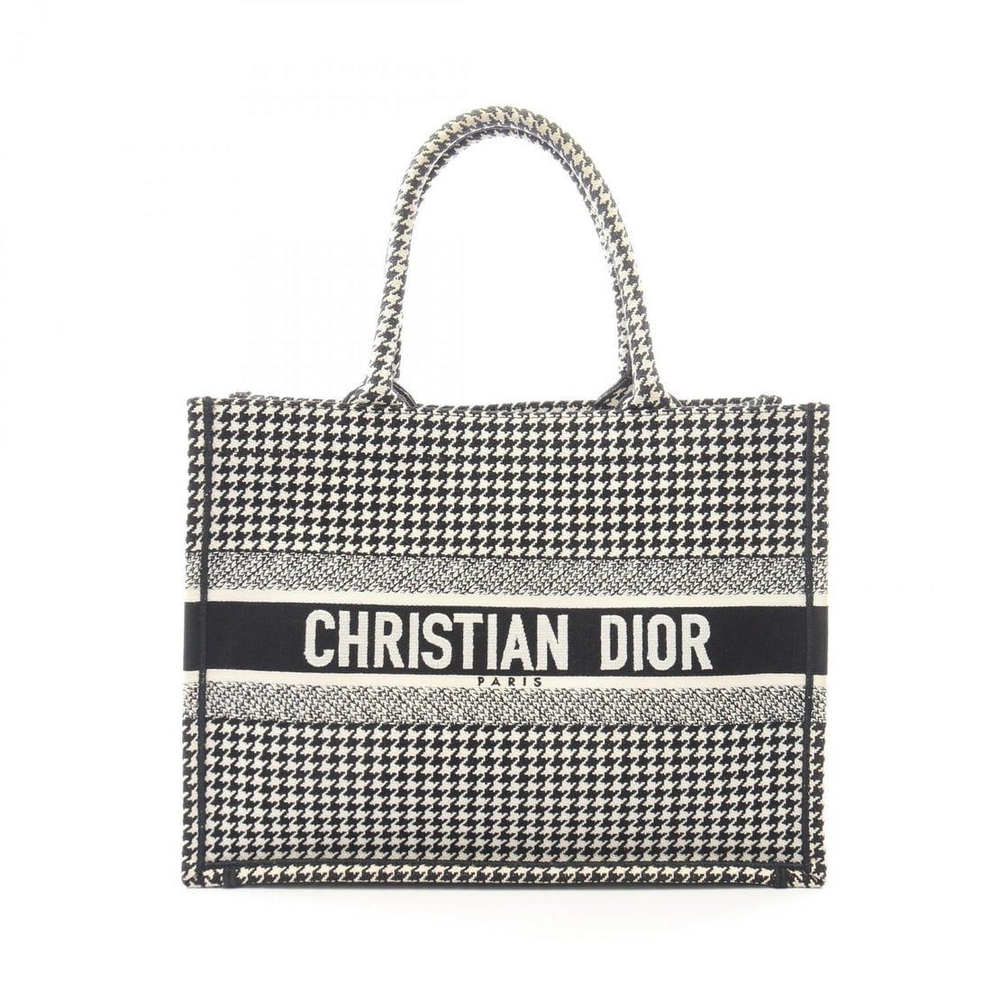 Dior Book Tote Medium Houndstooth: Authentic and authenticated Christian Dior Book Tote Medium handbag tote in white and black canvas houndstooth. Approx. 27H x 36W x 14D cm with 42 cm handles.