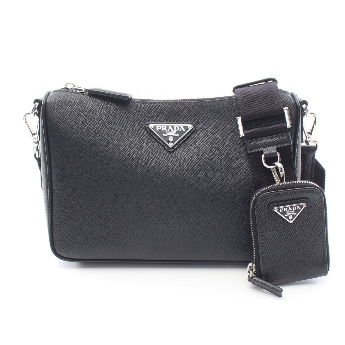 Prada Saffiano Travel Shoulder Bag: Authentic and authenticated Prada Saffiano Travel shoulder bag in black saffiano leather. Model 2VH113. Approx. 16.5H x 23.5W x 5.5D cm with 97-142 cm strap. Includes pouch.