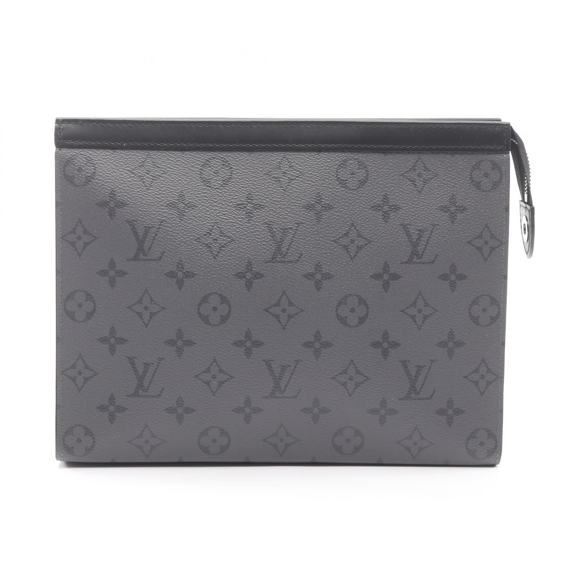 LV Pochette Voyage Eclipse Clutch: Authentic and authenticated Louis Vuitton Pochette Voyage Monogram Eclipse Reverse clutch in gray/black PVC and leather. Model M69535 with RFID noted. Approx. 20H x 26.5W x 5.5D cm.