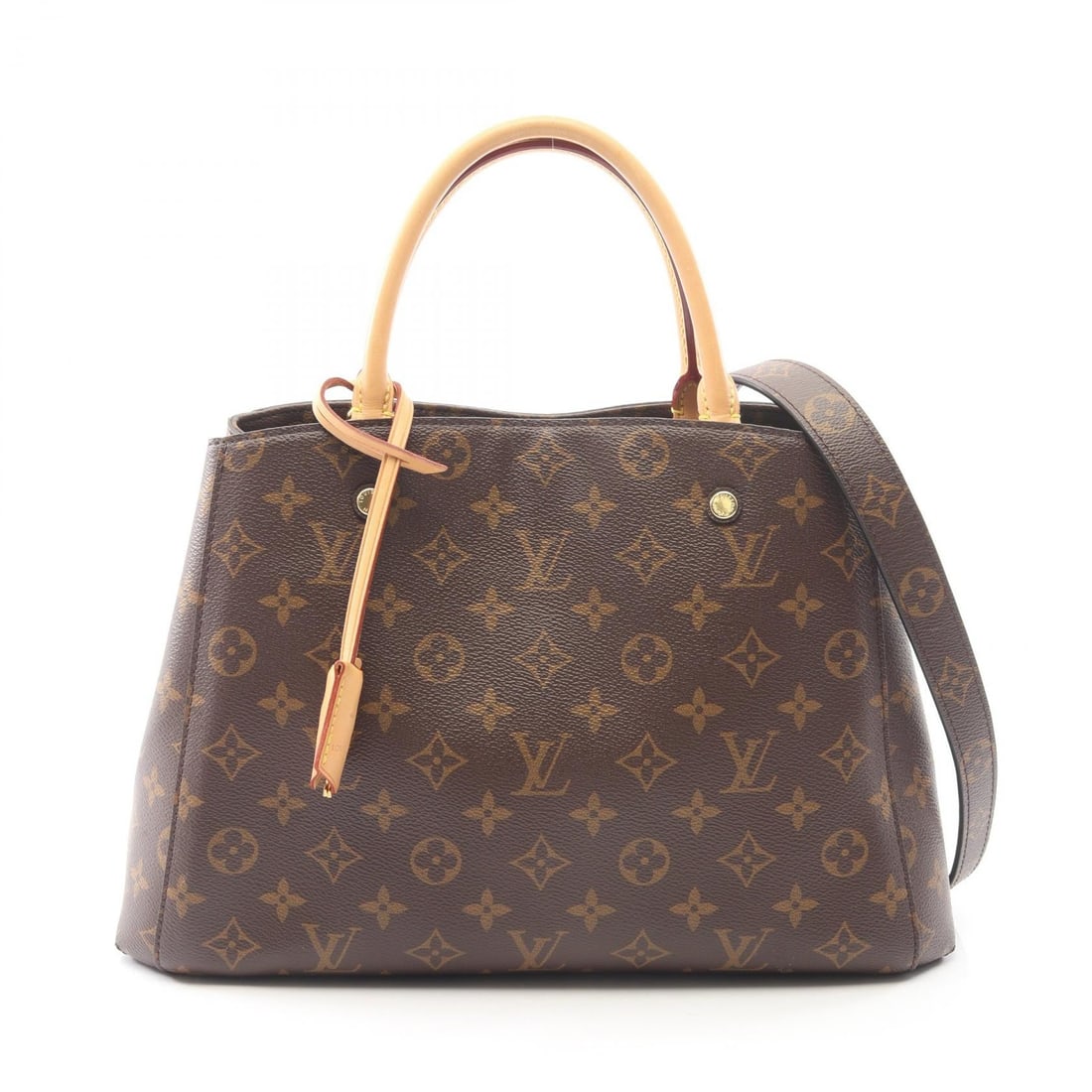 LV Montaigne BB Monogram 2WAY: Authentic and authenticated Louis Vuitton Montaigne BB Monogram 2WAY handbag in brown PVC leather. Model M41055, product no. CA3156. Approx. 19H x 23/29W x 12D cm. Includes strap, padlock, 2 keys,