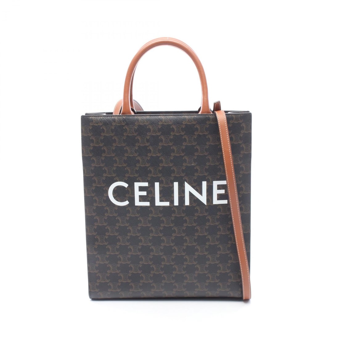 Celine Vertical Triomphe 2WAY Tote: Authentic and authenticated Celine Small Vertical Hippopotamus Triomphe 2WAY tote in black/brown PVC and leather. Model 191542. Approx. 32.5H x 28W x 8D cm with 32 cm handle and 109-111.5 cm strap.