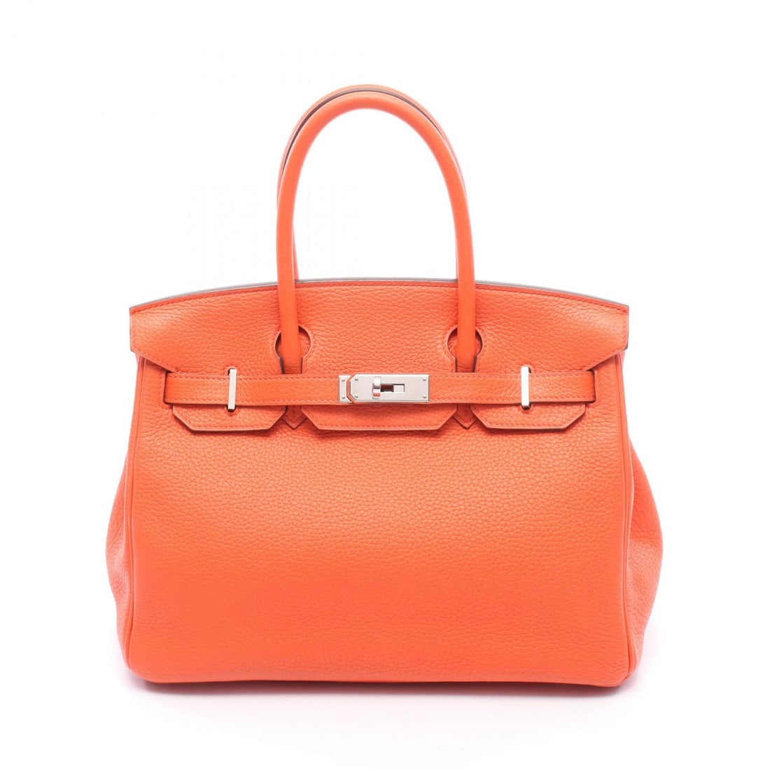 Hermes Birkin 30 Orange Poppy: Authentic and authenticated Hermes Birkin 30 handbag in orange Togo with silver hardware. Approx. 24H x 28/30W x 15D cm with 33 cm handle. Includes crochet, padlock, and 2 keys.