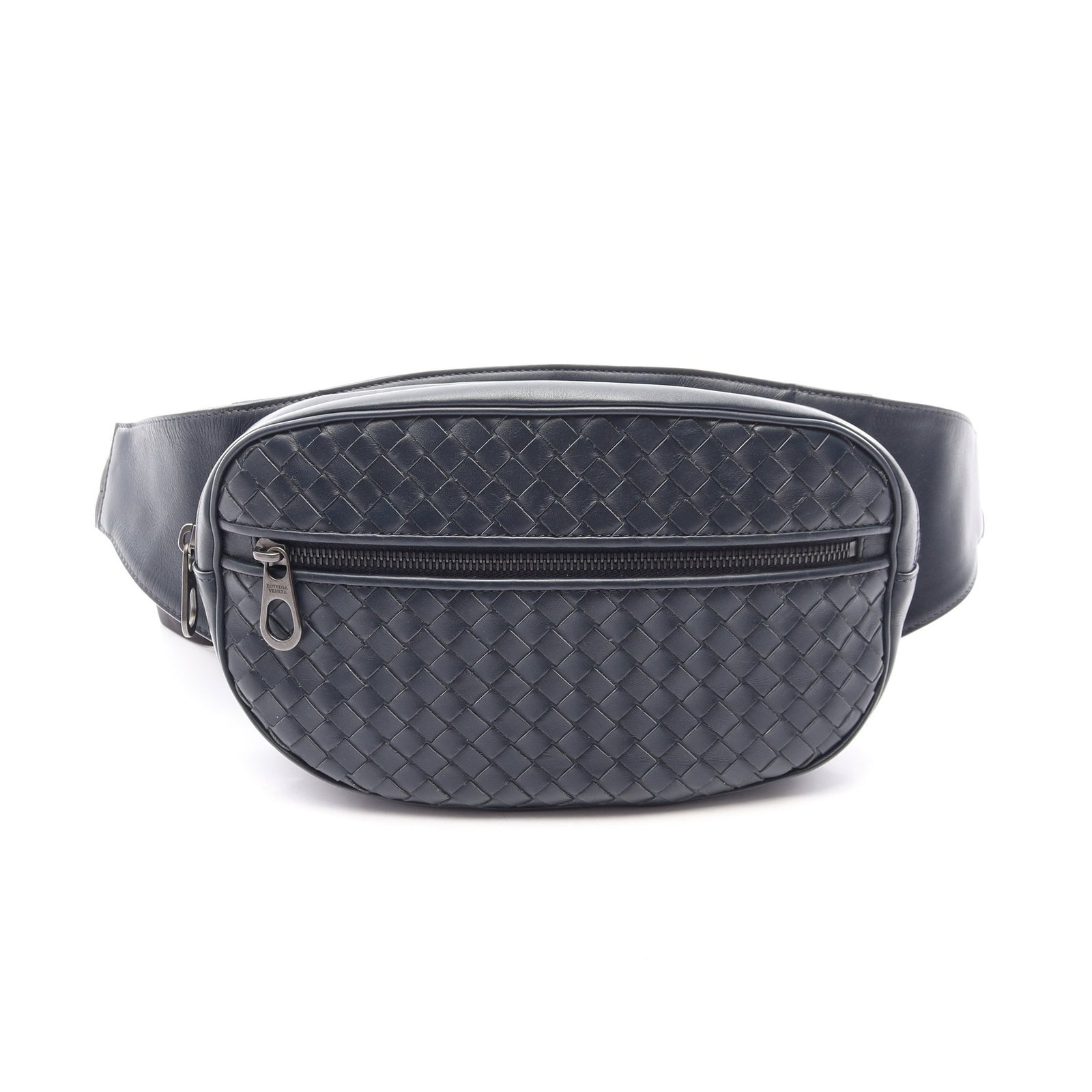 Bottega Intrecciato Waist Bag Navy: Authentic and authenticated Bottega Veneta Intrecciato waist bag in navy leather. Model BO78012920. Approx. 15H x 27W x 6.5D cm with 37-84 cm strap. No accessories listed.