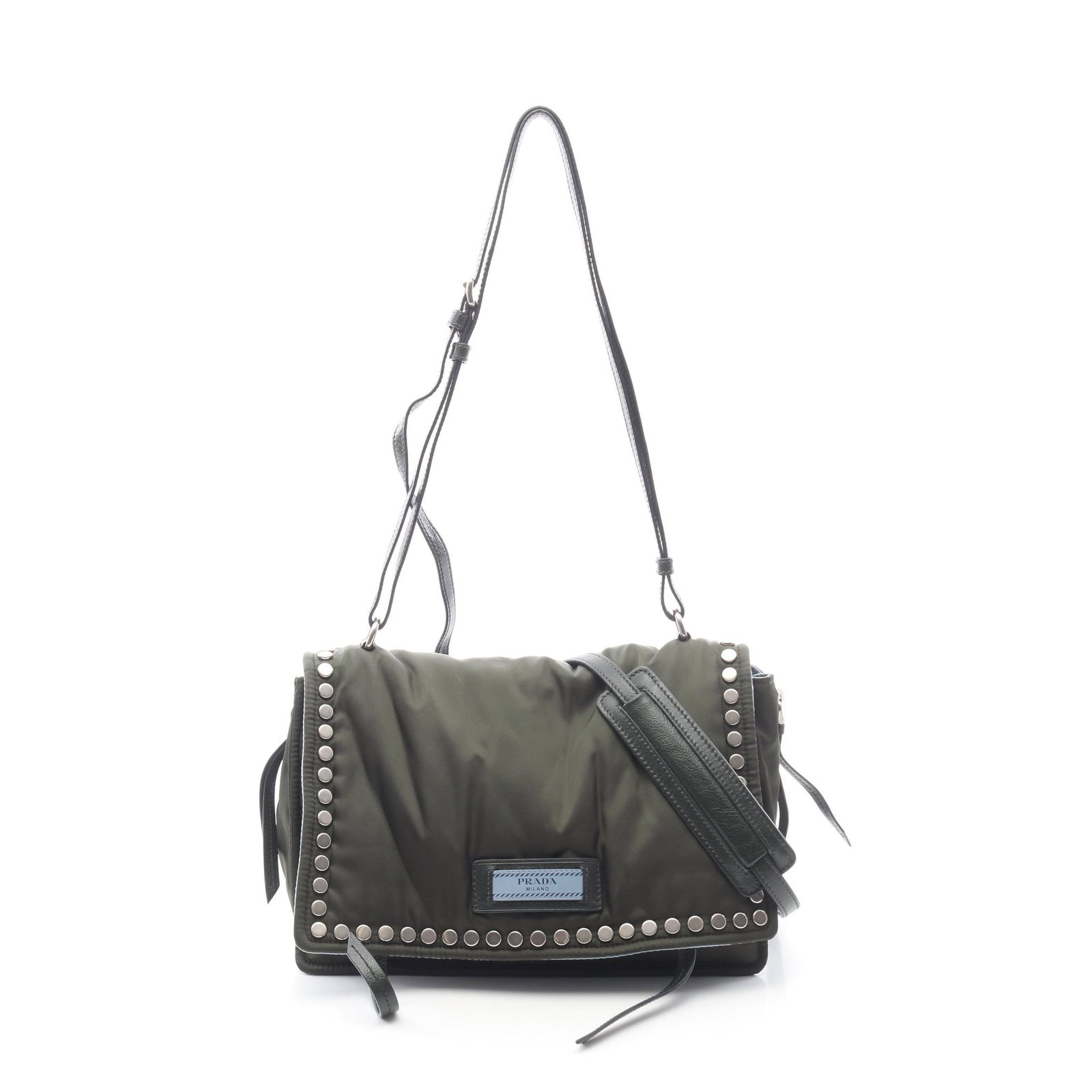 Prada Tessuto Etiquette Shoulder Bag: Authentic and authenticated Prada TESSUTO Etiquette shoulder bag in khaki green nylon and leather. Model 1BD081. Approx. 17.5H x 28W x 12D cm with 65-70 cm strap and 109-119 cm long strap. Includes