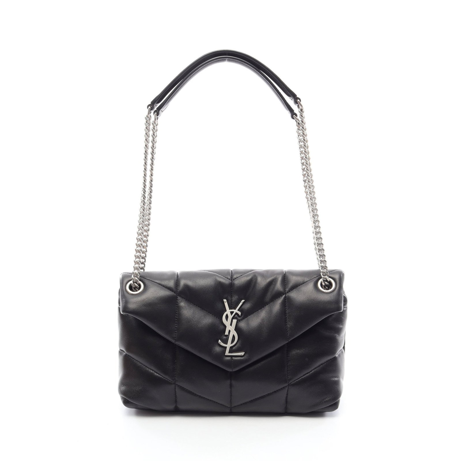 Saint Laurent Lulu Puffer Black: Authentic and authenticated Saint Laurent Paris Lulu Puffer chain shoulder bag in black leather. Model 5774761EL001000. Approx. 20H x 28/27W x 10D cm with double or single chain wear. Includes storage
