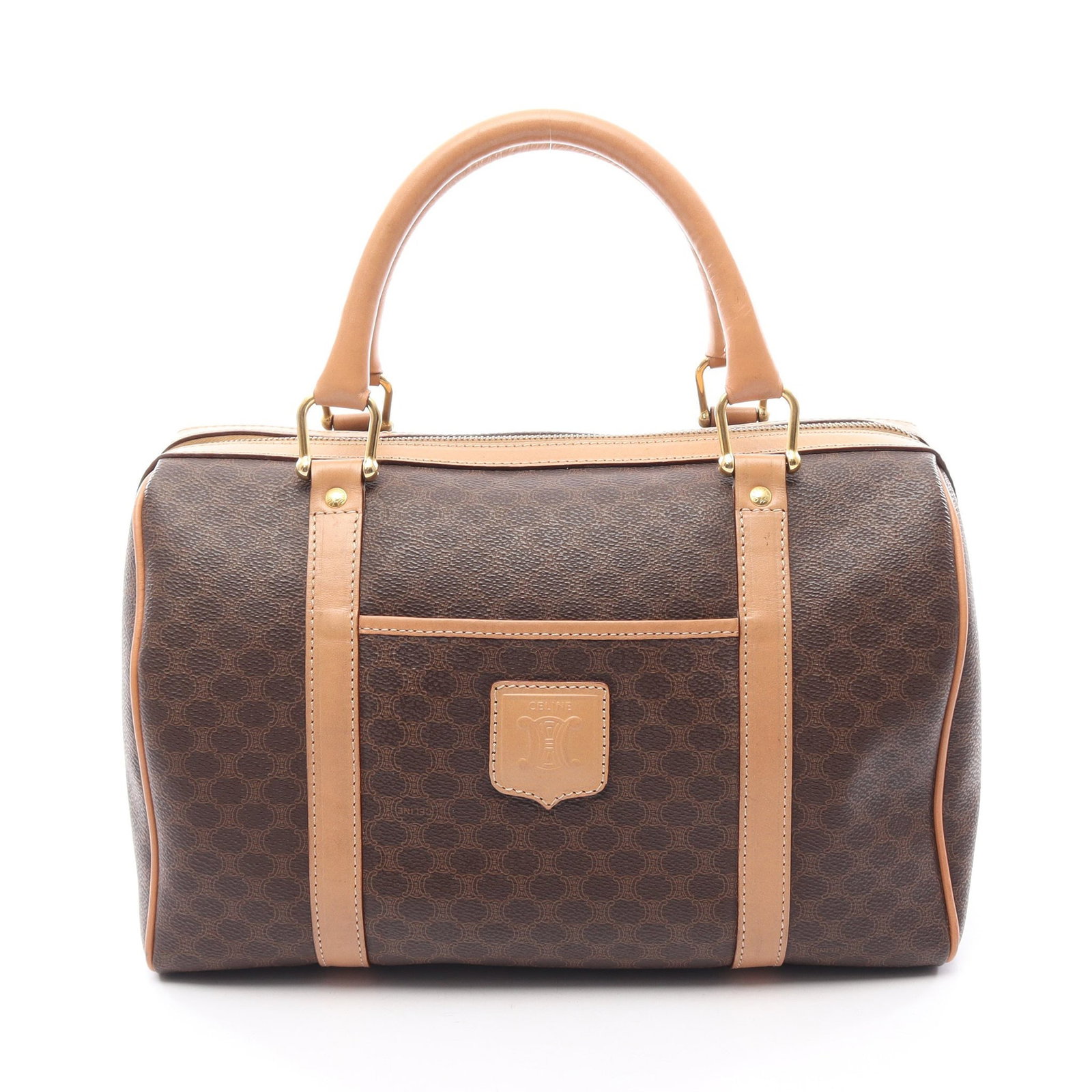 Celine Macadam Mini Boston Brown: Authentic and authenticated Celine Macadam mini Boston handbag in dark brown/beige PVC and leather. Approx. 20H x 31/32W x 17D cm with 34 cm handle. No accessories listed.