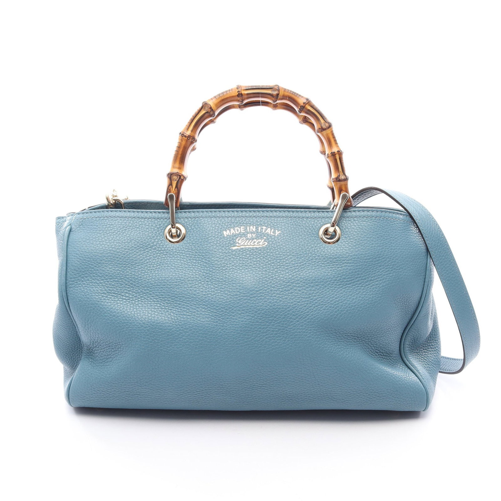 Gucci Bamboo Shopper Medium Blue: Authentic and authenticated Gucci Bamboo Shopper Medium 2WAY handbag in blue leather. Model 323660. Approx. 21H x 36/33W x 13D cm with 34 cm handle and 99-109 cm strap.