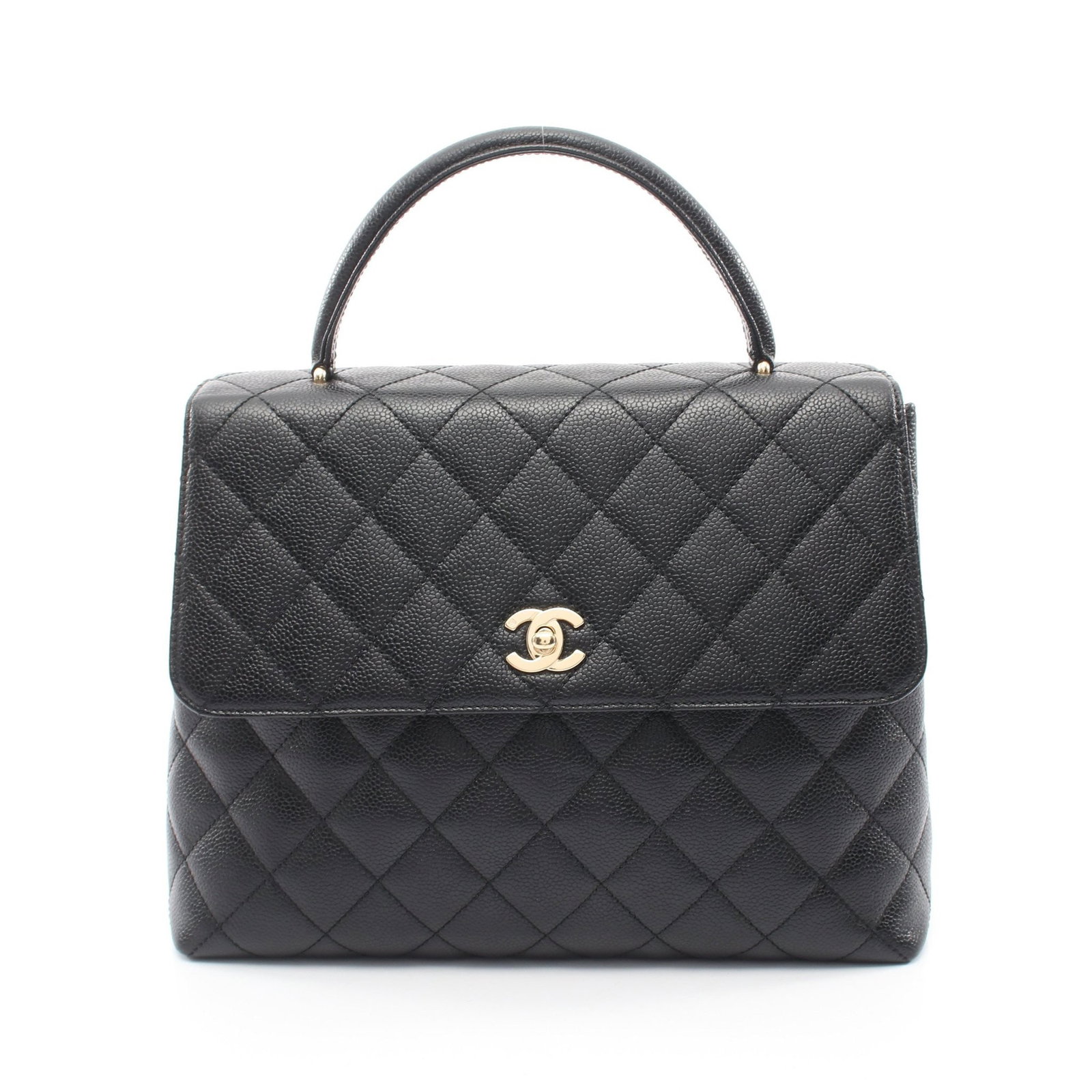 Chanel Matelasse Top Handle Black: Authentic and authenticated Chanel Matelasse top handle handbag in black caviar skin with gold hardware. Model A12397. Approx. 23H x 27/29W x 11D cm with 30 cm handle. Includes guarantee card and