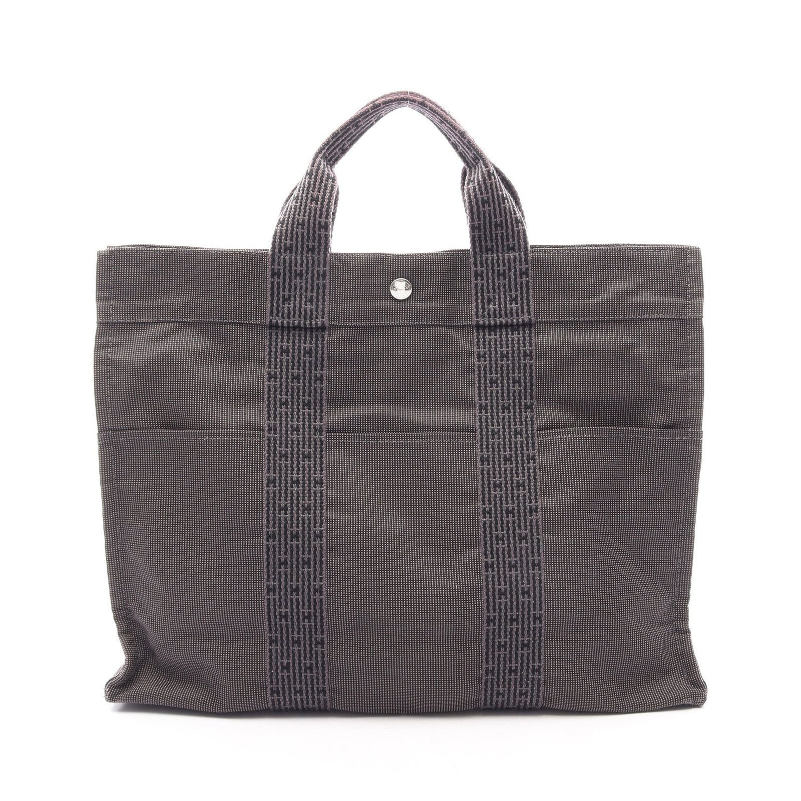 Hermes Yale Line MM Nylon Tote Gray: Authentic and authenticated Hermes Yale Line MM tote handbag in dark gray nylon canvas with silver hardware. Approx. 32H x 42W x 11D cm with 29 cm handle. No accessories listed.