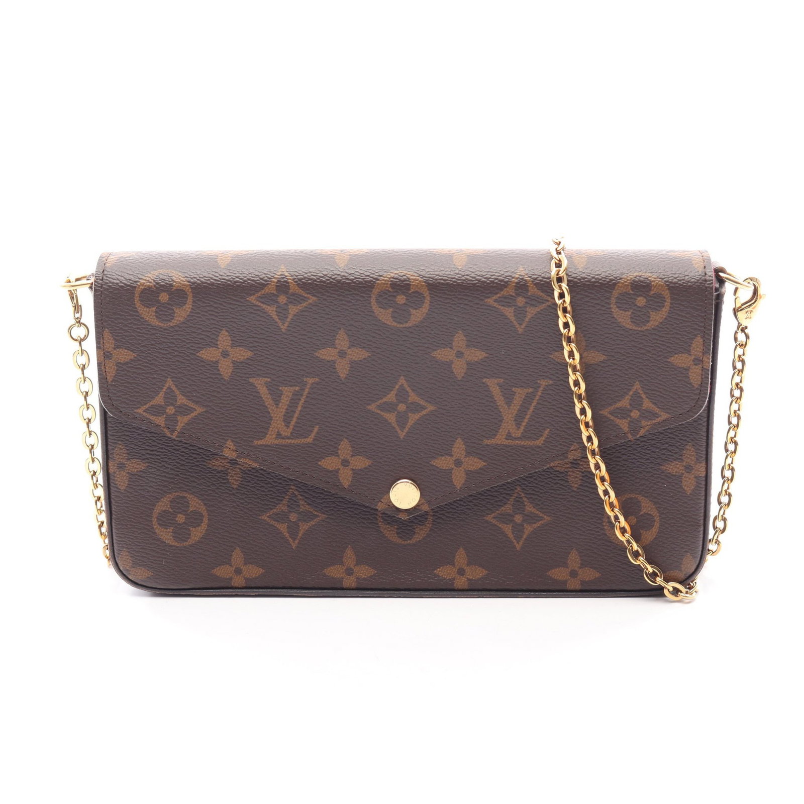LV Pochette Felicie Chain Wallet: Authentic and authenticated Louis Vuitton Pochette Felicie Monogram Fuchsia chain wallet in brown PVC leather. Model M61276 with RFID. Approx. 12H x 21W x 3D cm. Includes coin purse and card case.