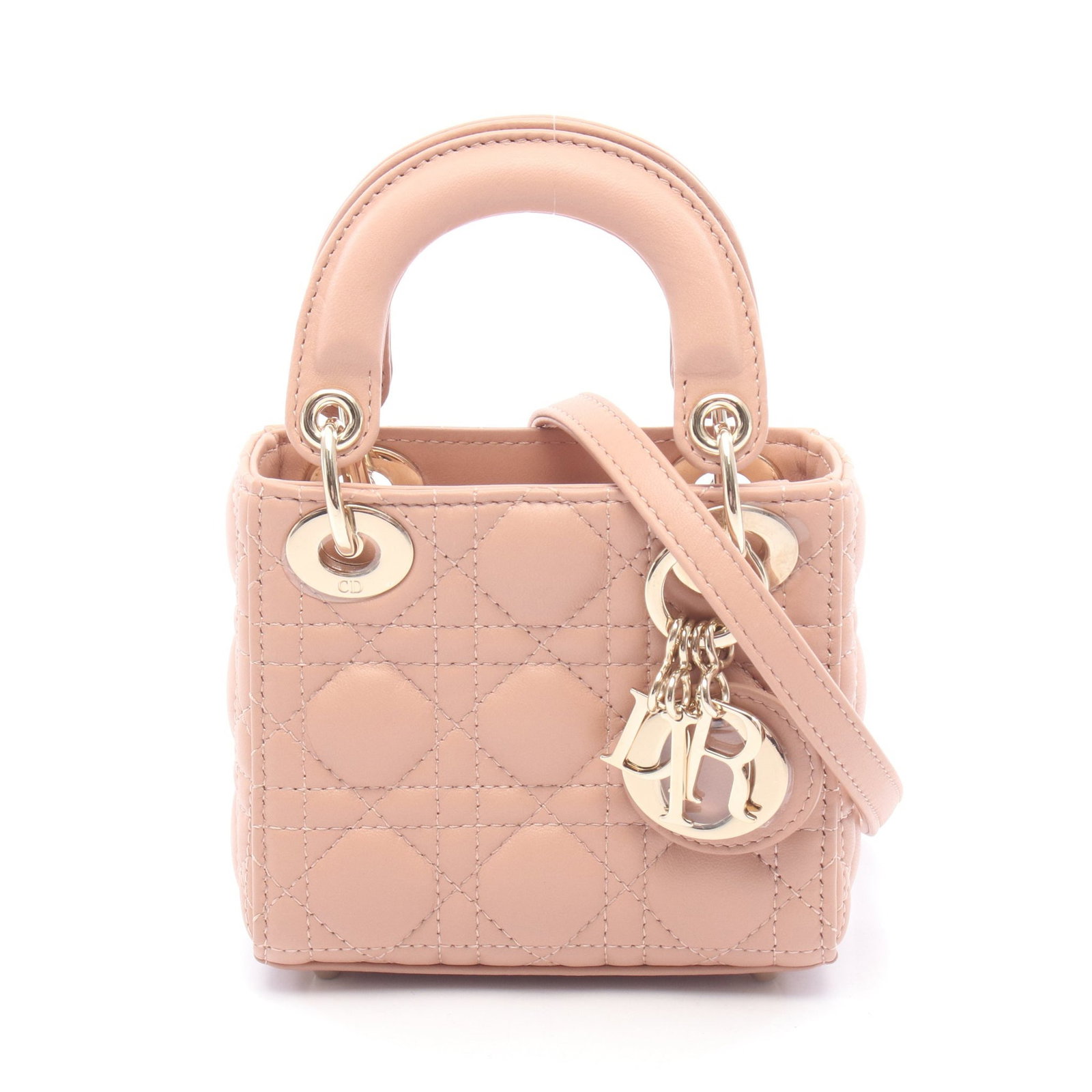 Dior Lady Dior Micro 2WAY Pink: Authentic and authenticated Christian Dior Lady Dior Micro bag Canage 2WAY handbag in pink beige leather. Model S0856ONGE. Approx. 11H x 12W x 5.5D cm with 17.5 cm handle and 82.5-97.5 cm strap.